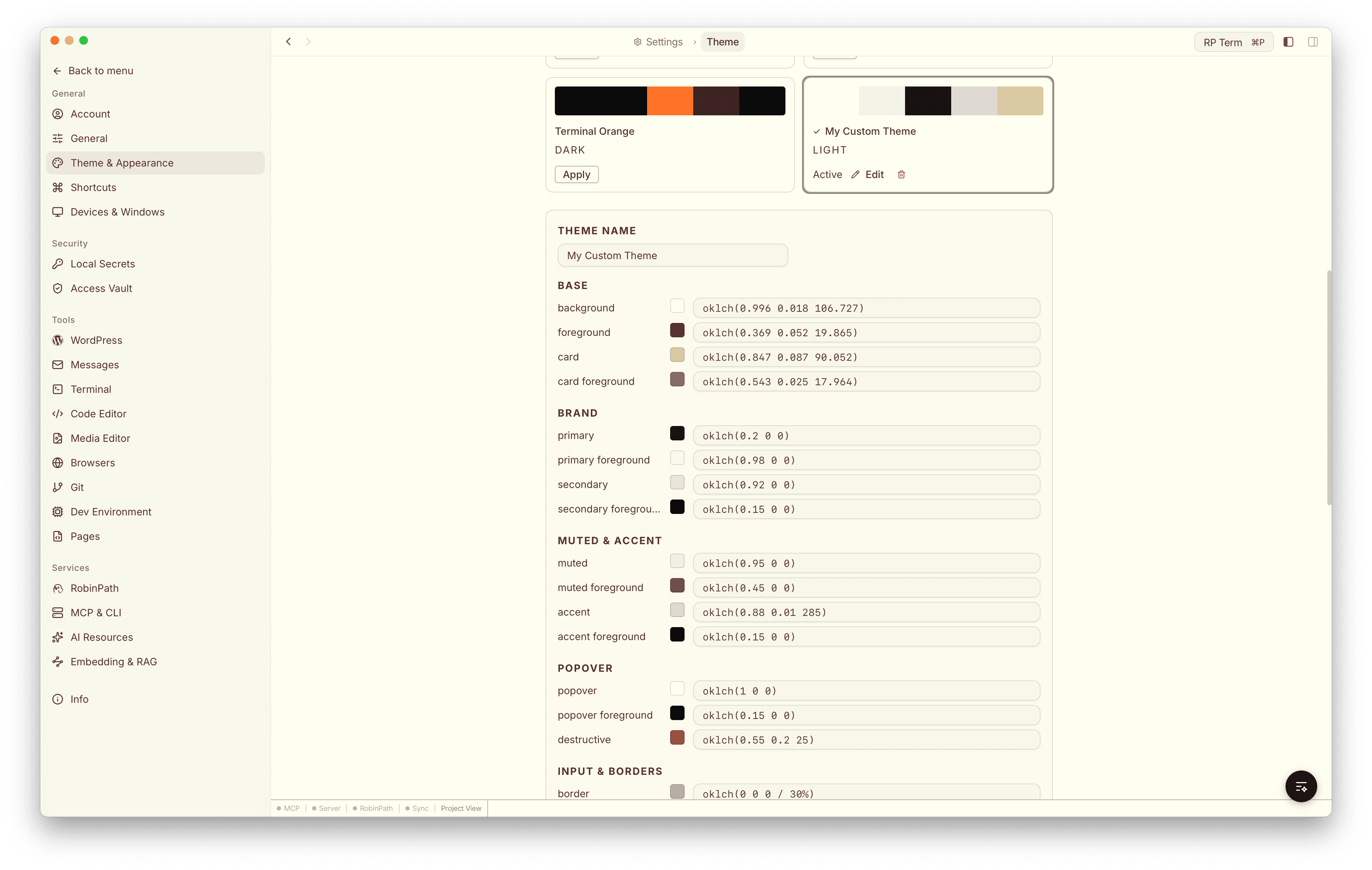 Custom theme editor showing the theme name field and grouped color tokens with OKLCH values and color swatches