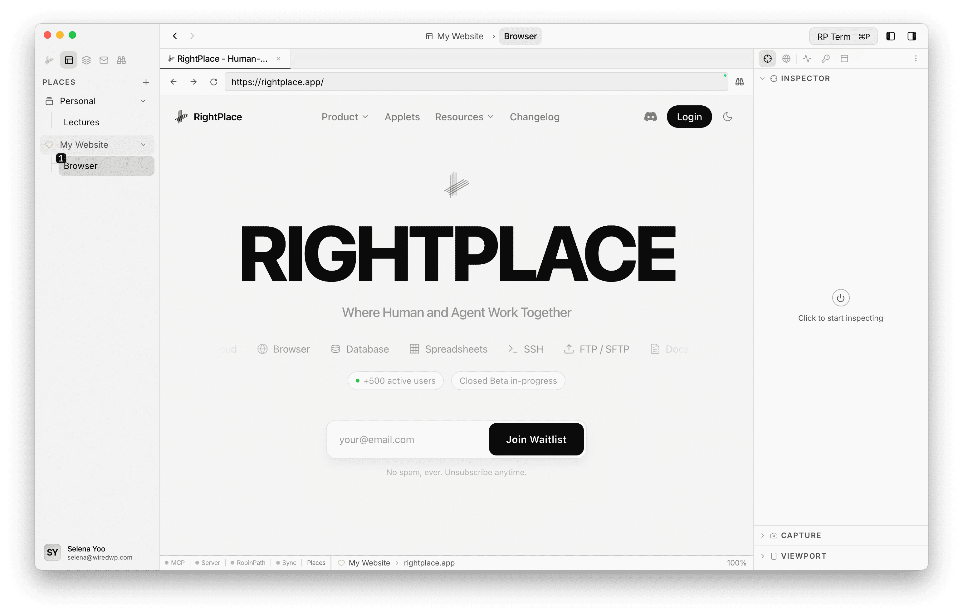 Browser showing the RightPlace marketing site at rightplace.app with navigation controls and address bar at the top, the Inspector panel on the right prompting to start inspecting, and the Places sidebar on the left