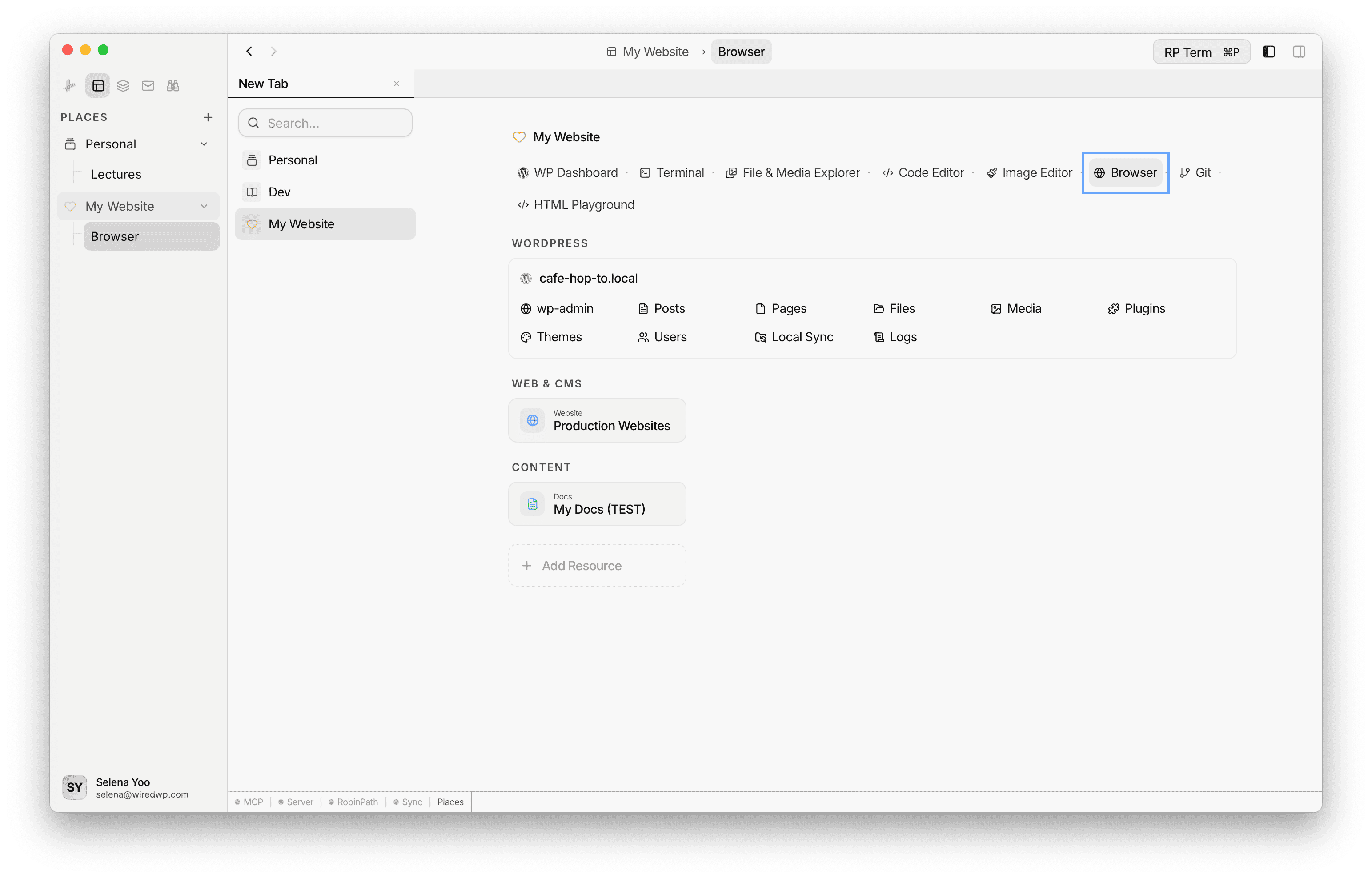 Places sidebar with My Website expanded and Browser selected at the top of the Place page, showing WordPress shortcuts and resource categories below