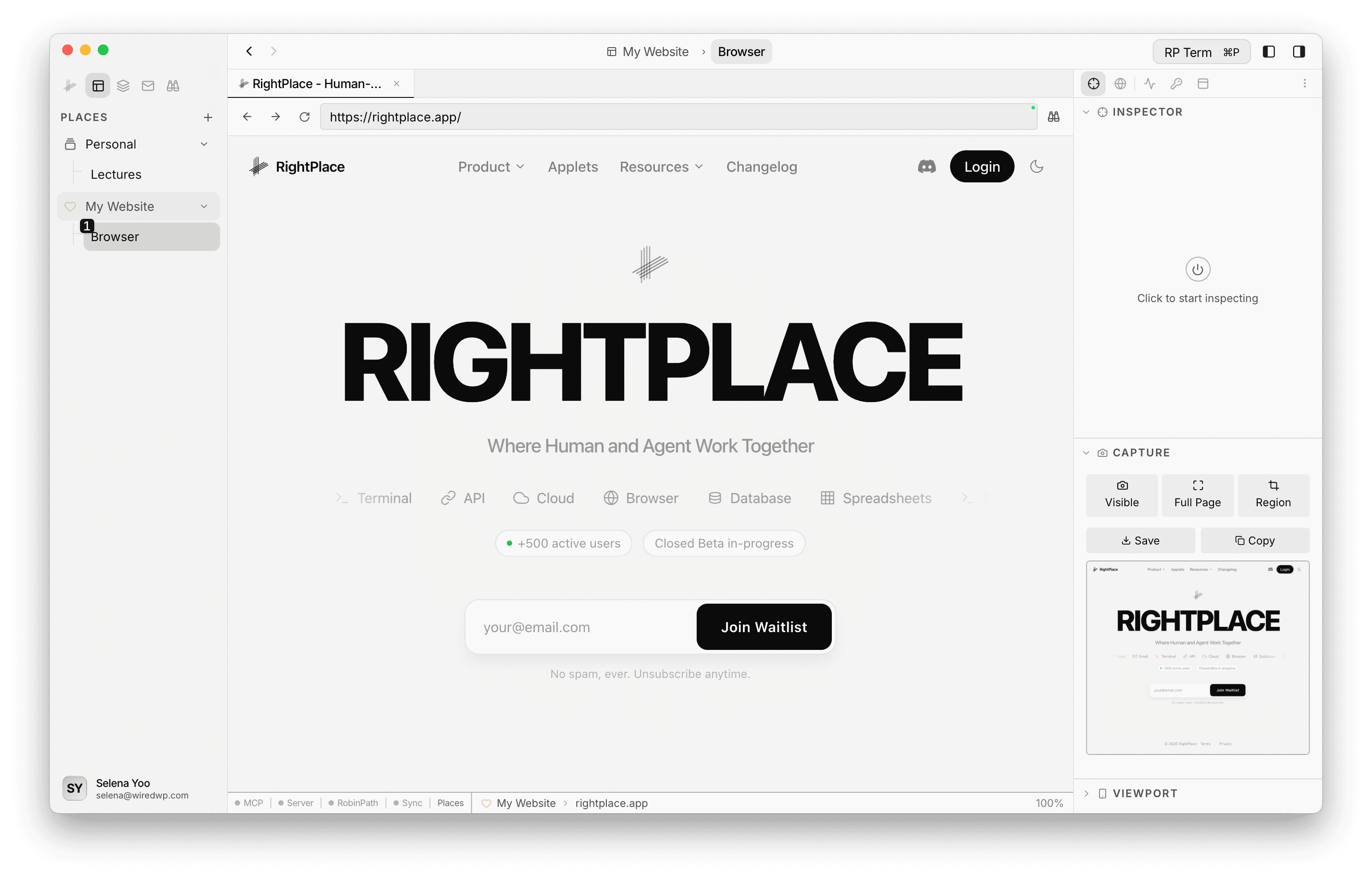 Capture section expanded showing Visible, Full Page, and Region mode buttons, Save and Copy actions, and a screenshot preview thumbnail