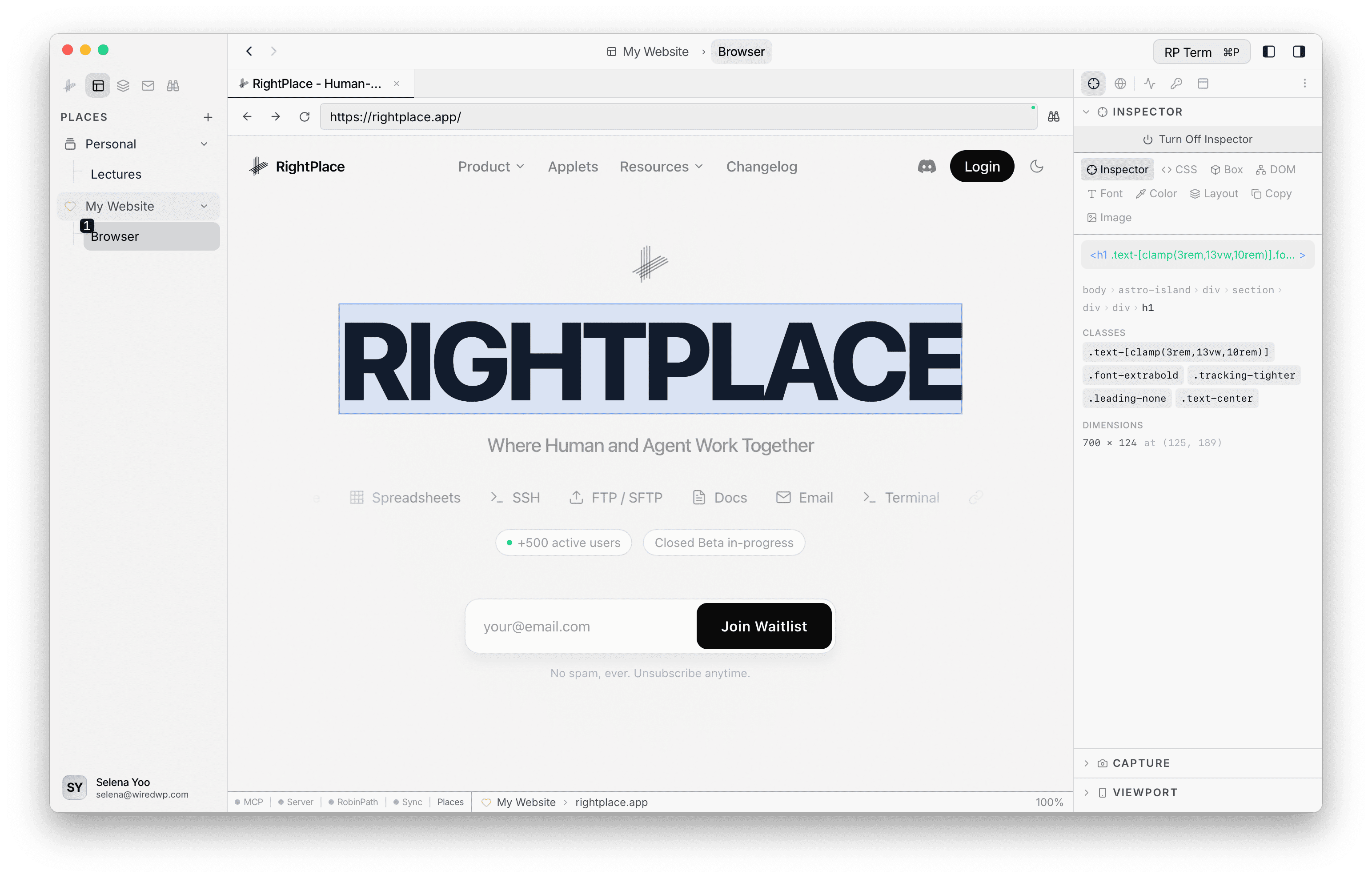 Inspector active with an h1 element selected, showing the element overlay on the page, breadcrumb path, CSS classes, and dimensions in the Inspector panel