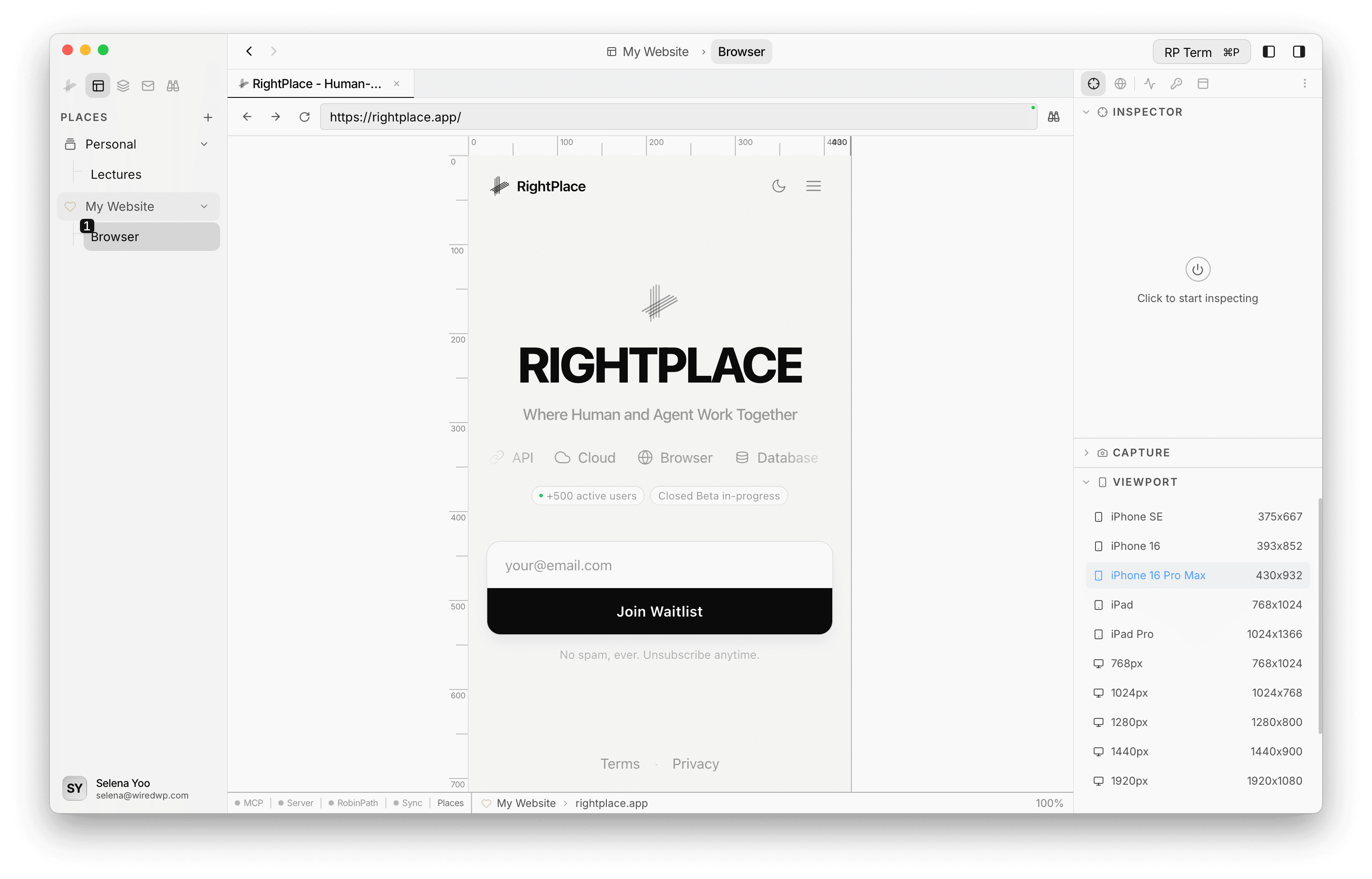 Viewport section with iPhone 16 Pro Max selected, the page rendered in a 430px-wide frame with pixel rulers along the top and left, and device presets listed in the sidebar