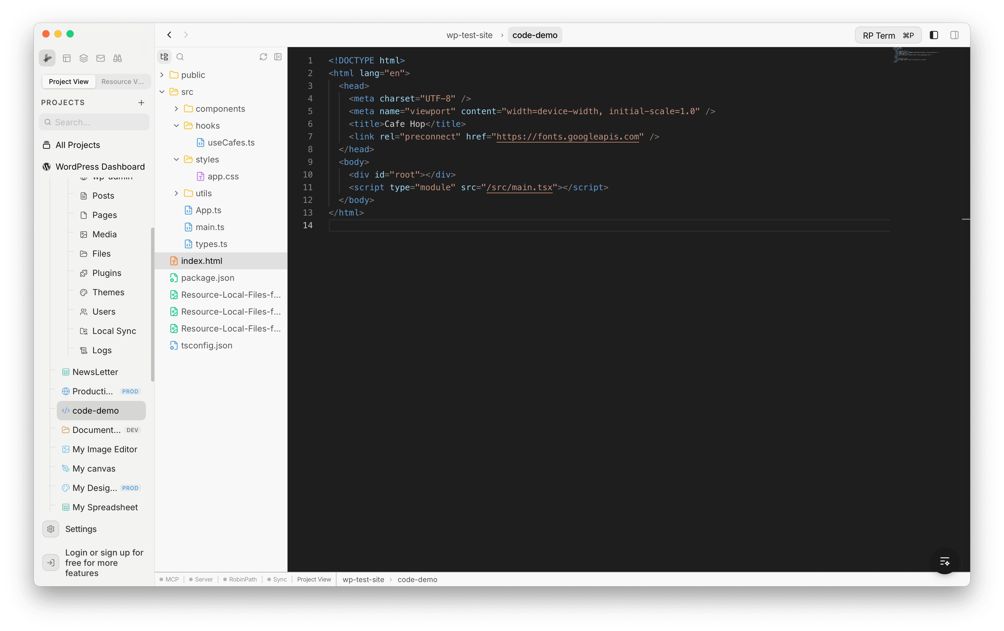 Code Editor showing an HTML file with syntax highlighting, file tree navigator on the left, and status bar at the bottom