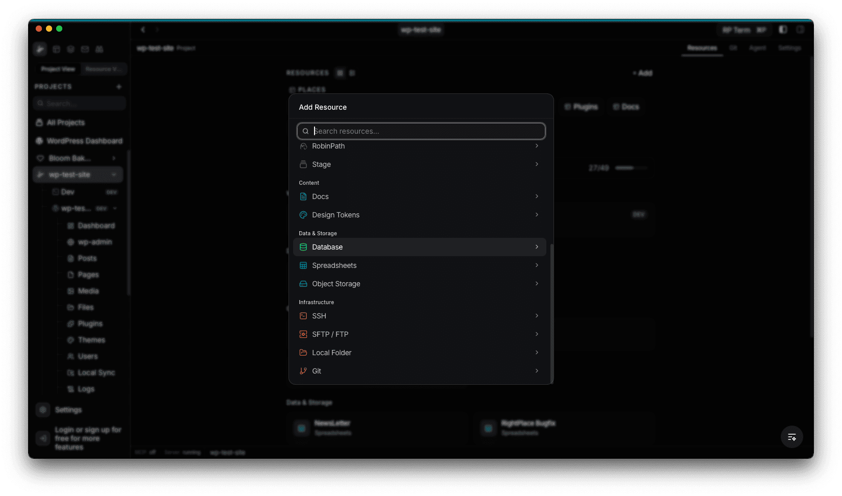Add Applet dialog showing Database under the Data & Storage category