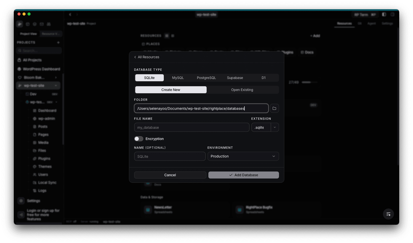 SQLite creation form with folder path, file name, extension, encryption toggle, name, and environment