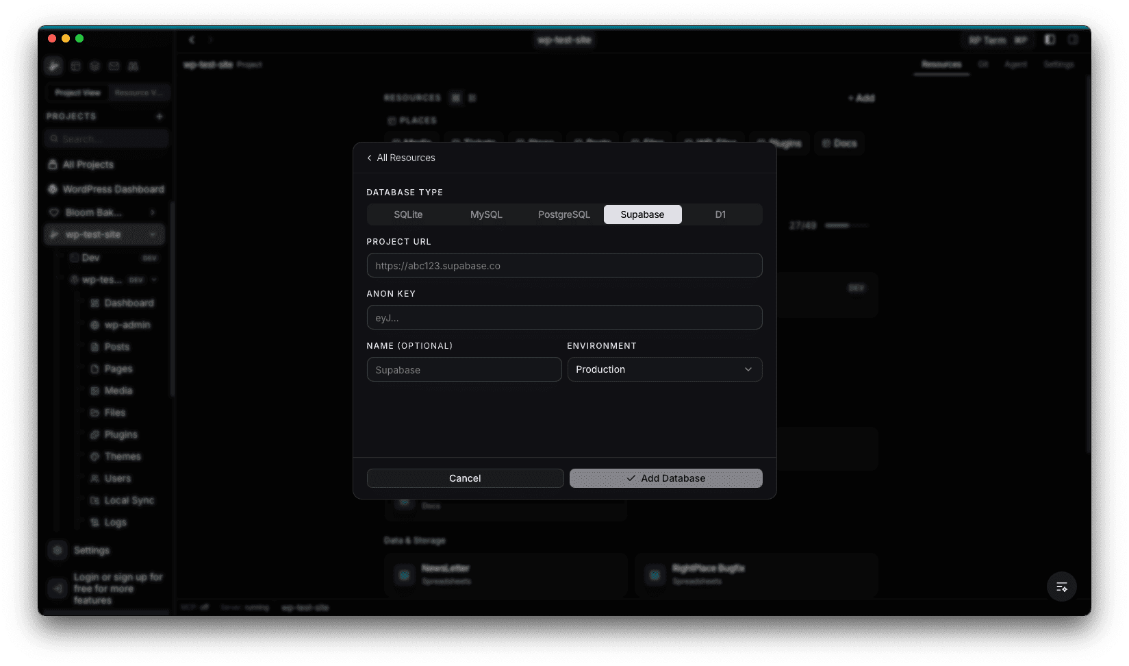 Supabase connection form with project URL, anon key, name, and environment