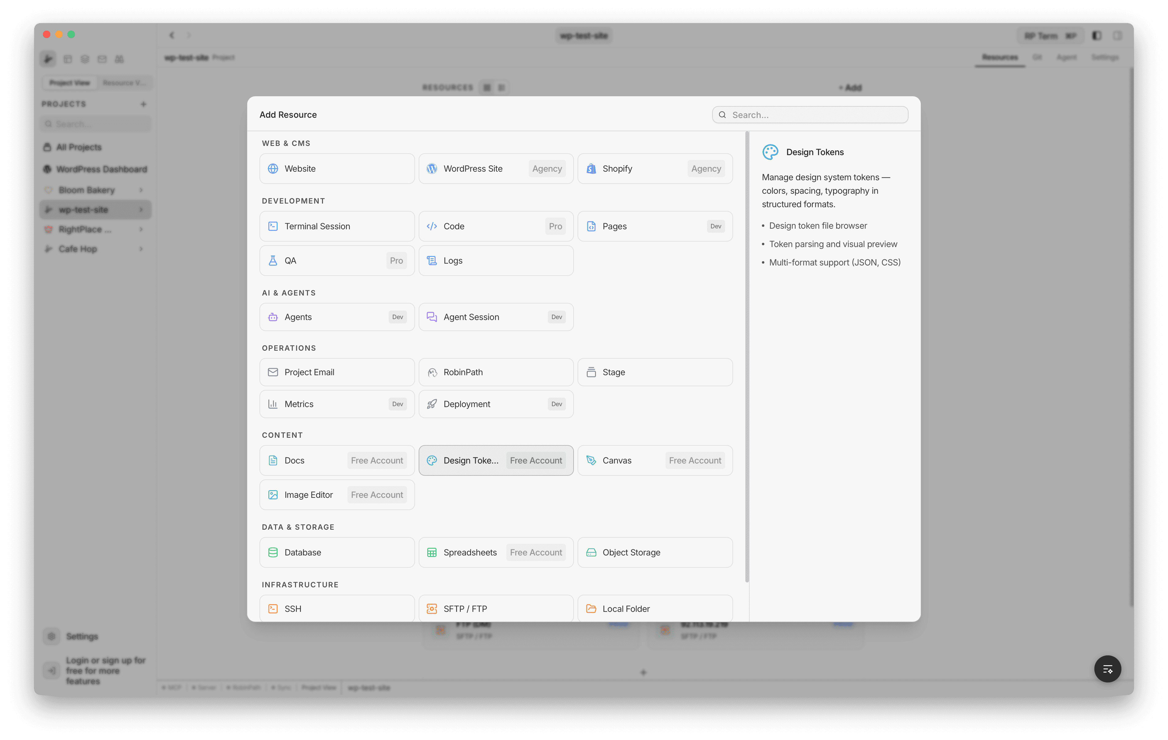 Add Applet dialog showing Design Tokens selected under the Content category, with a description panel on the right
