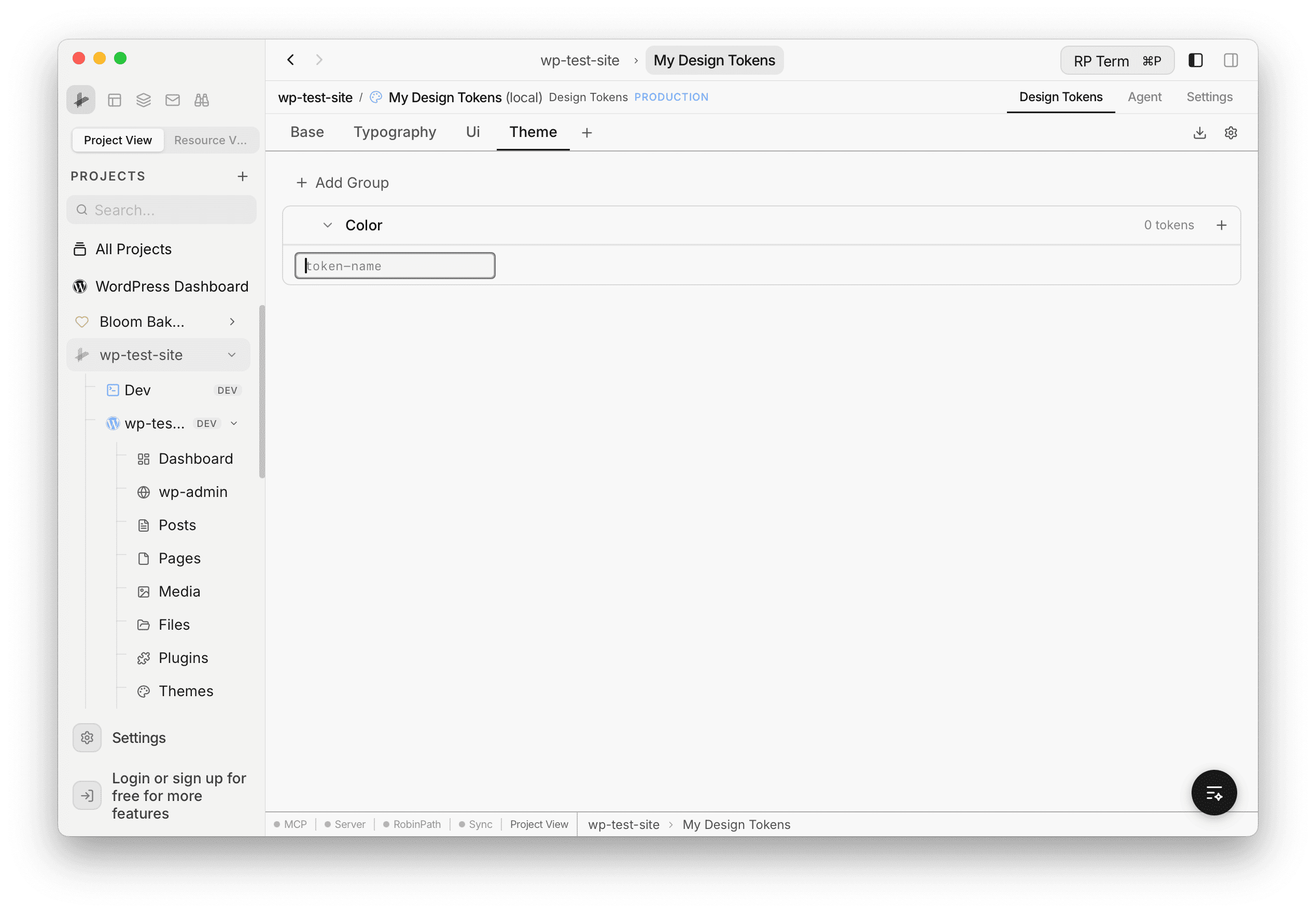 Empty Color group on the Theme tier with an inline token-name input field ready for a new token