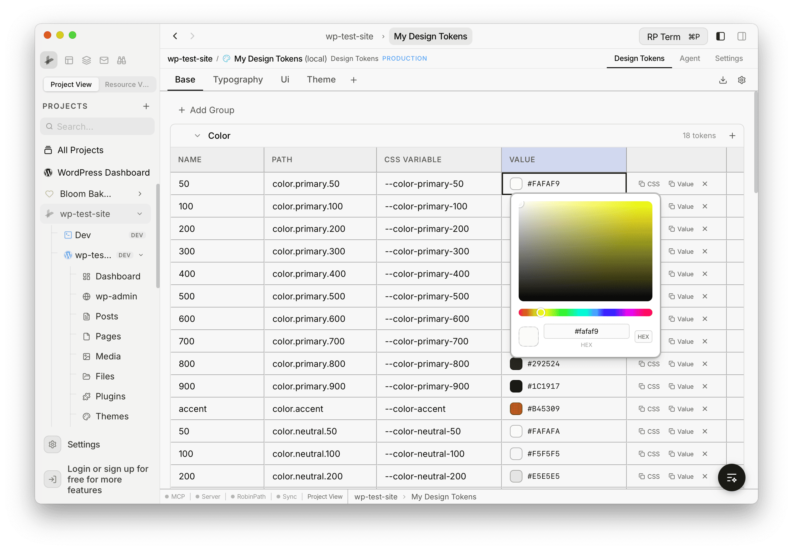 Color picker popover open on a primary-50 token, showing the color gradient area, hue slider, and hex input field