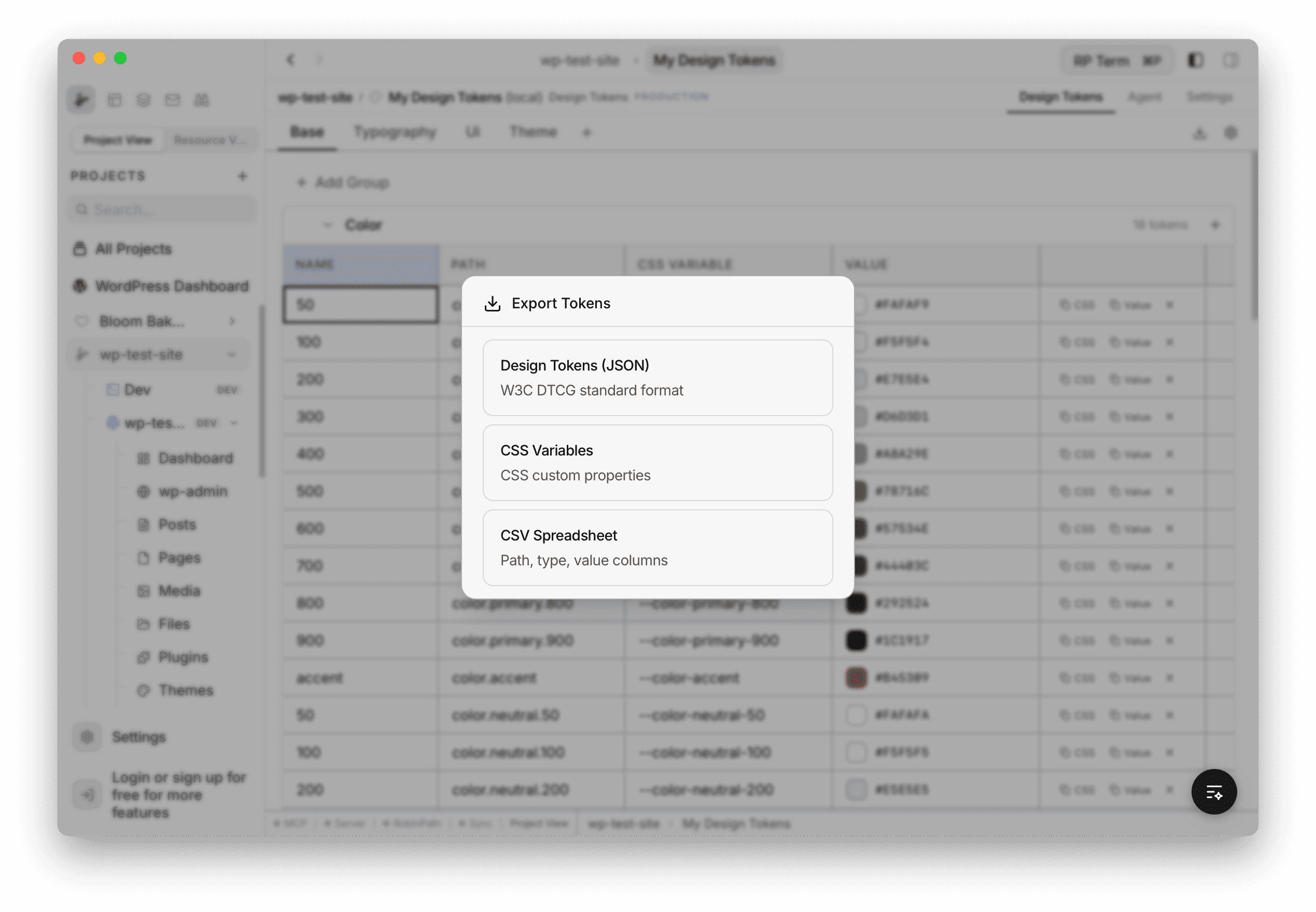 Export Tokens modal showing three format cards: Design Tokens JSON with W3C DTCG standard format, CSS Variables with CSS custom properties, and CSV Spreadsheet with path type value columns