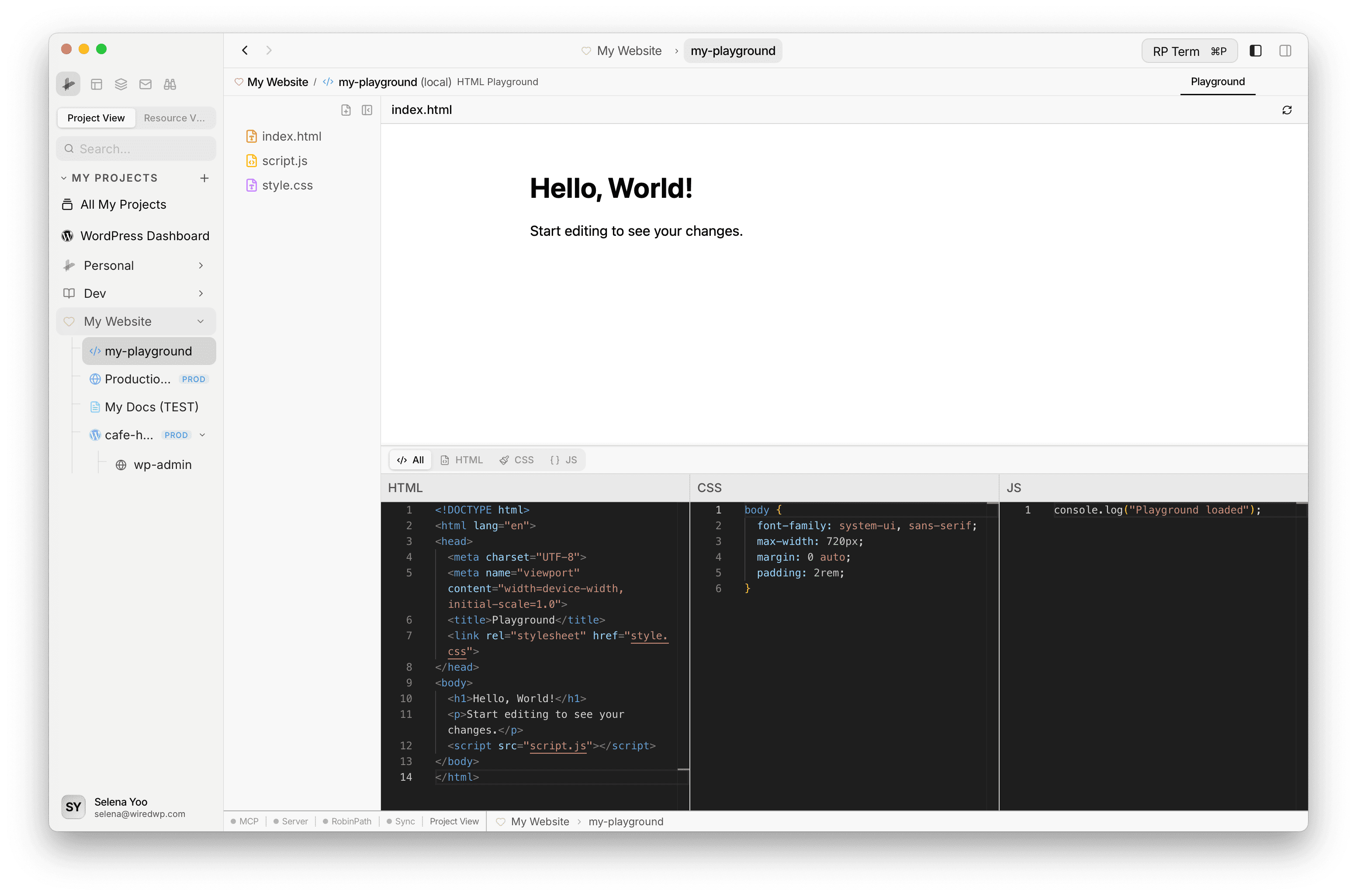 HTML Playground layout showing file navigator on the left, live preview on top-right, and code editors on bottom-right