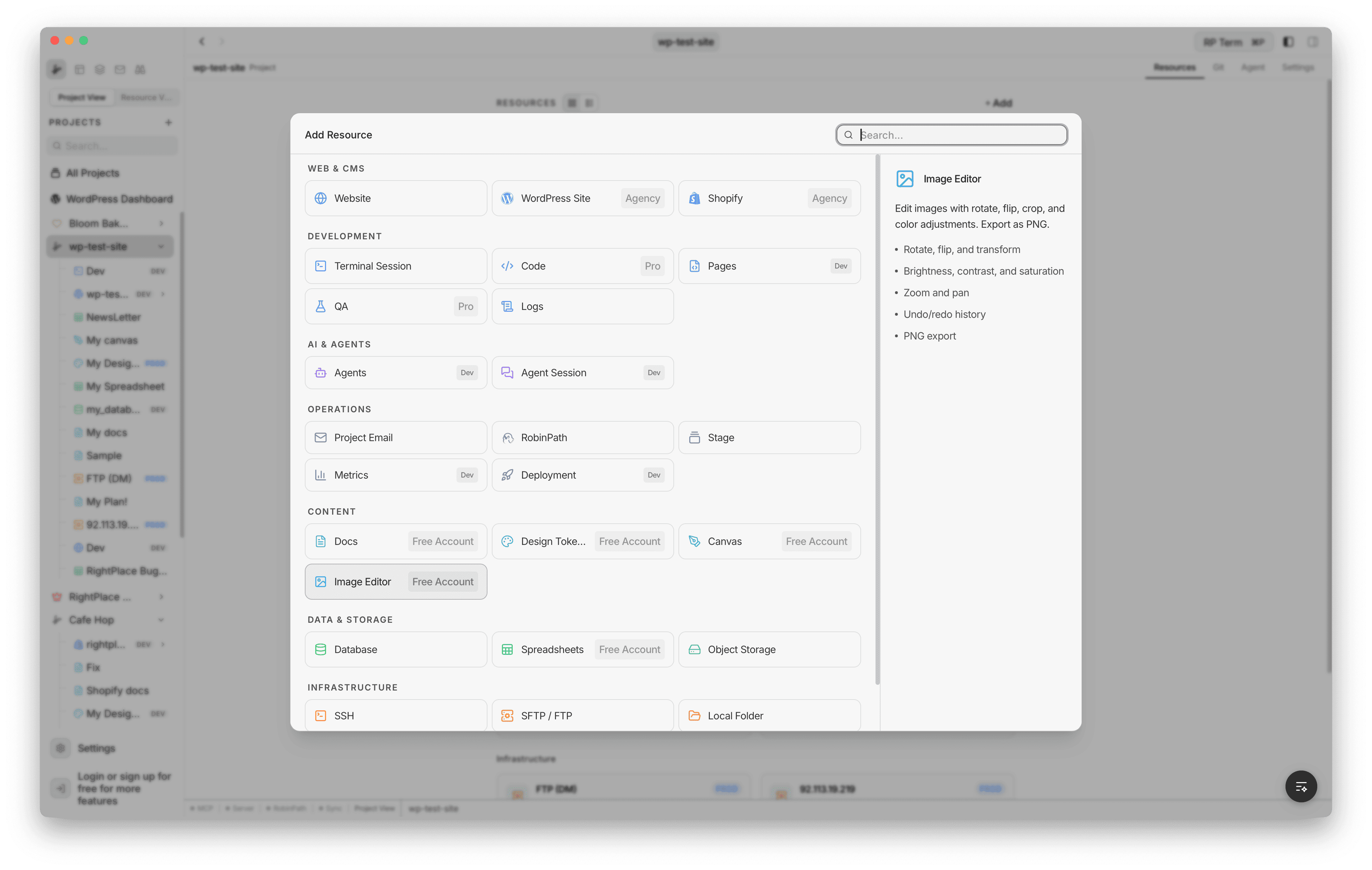 Add Resource dialog showing Image Editor selected under the Content category, with a description panel on the right listing key features: rotate, flip, crop, brightness, contrast, saturation, zoom, undo/redo history, and PNG export