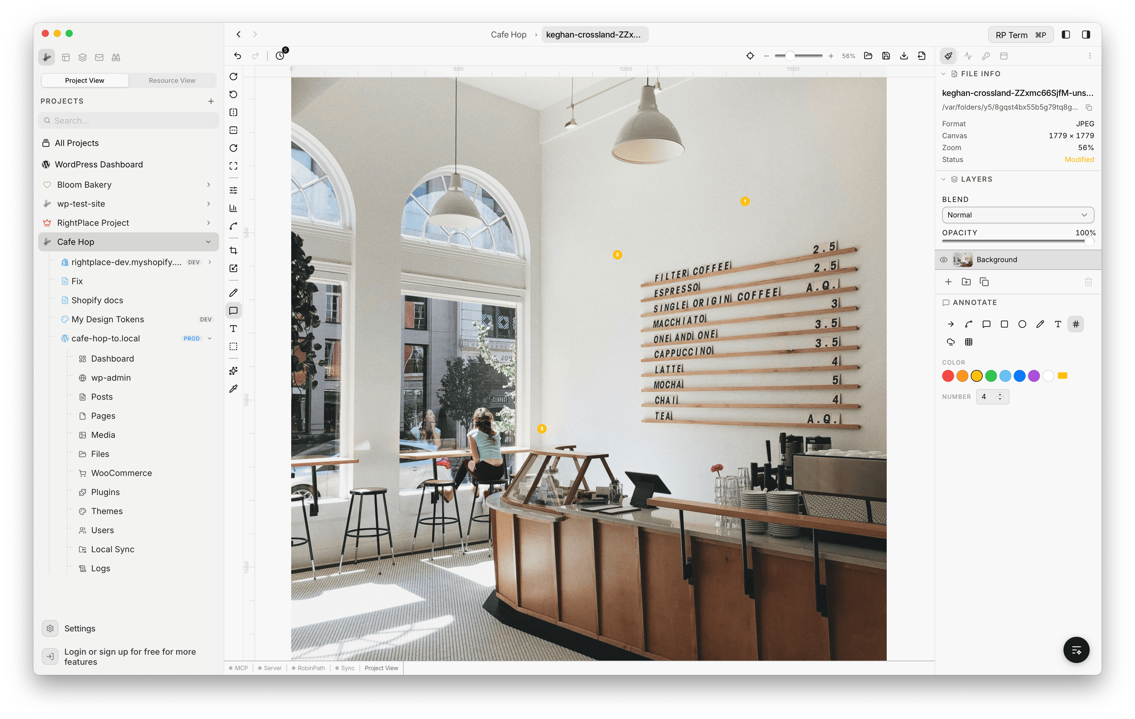 Annotate panel showing the Numbered Marker sub-tool selected, with icon buttons for all annotation types (arrow, curved arrow, rectangle, ellipse, freehand, text label, numbered marker, blur, pixelate), a color palette, and a Number input set to 4. Three yellow numbered markers (1, 2, 3) are placed on the cafe image.
