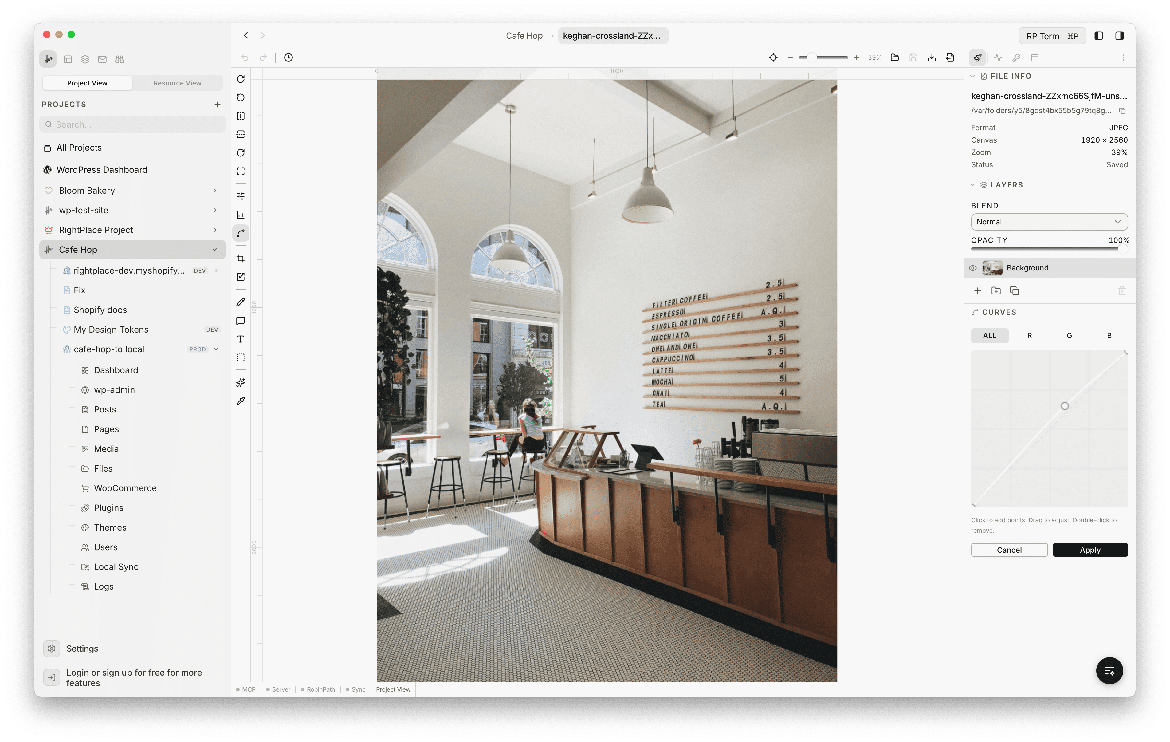 Curves panel showing the ALL channel tab selected alongside R, G, B tabs, an interactive curve canvas with a grid overlay and one control point, and Cancel and Apply buttons. Instructions read: Click to add points, Drag to adjust, Double-click to remove.