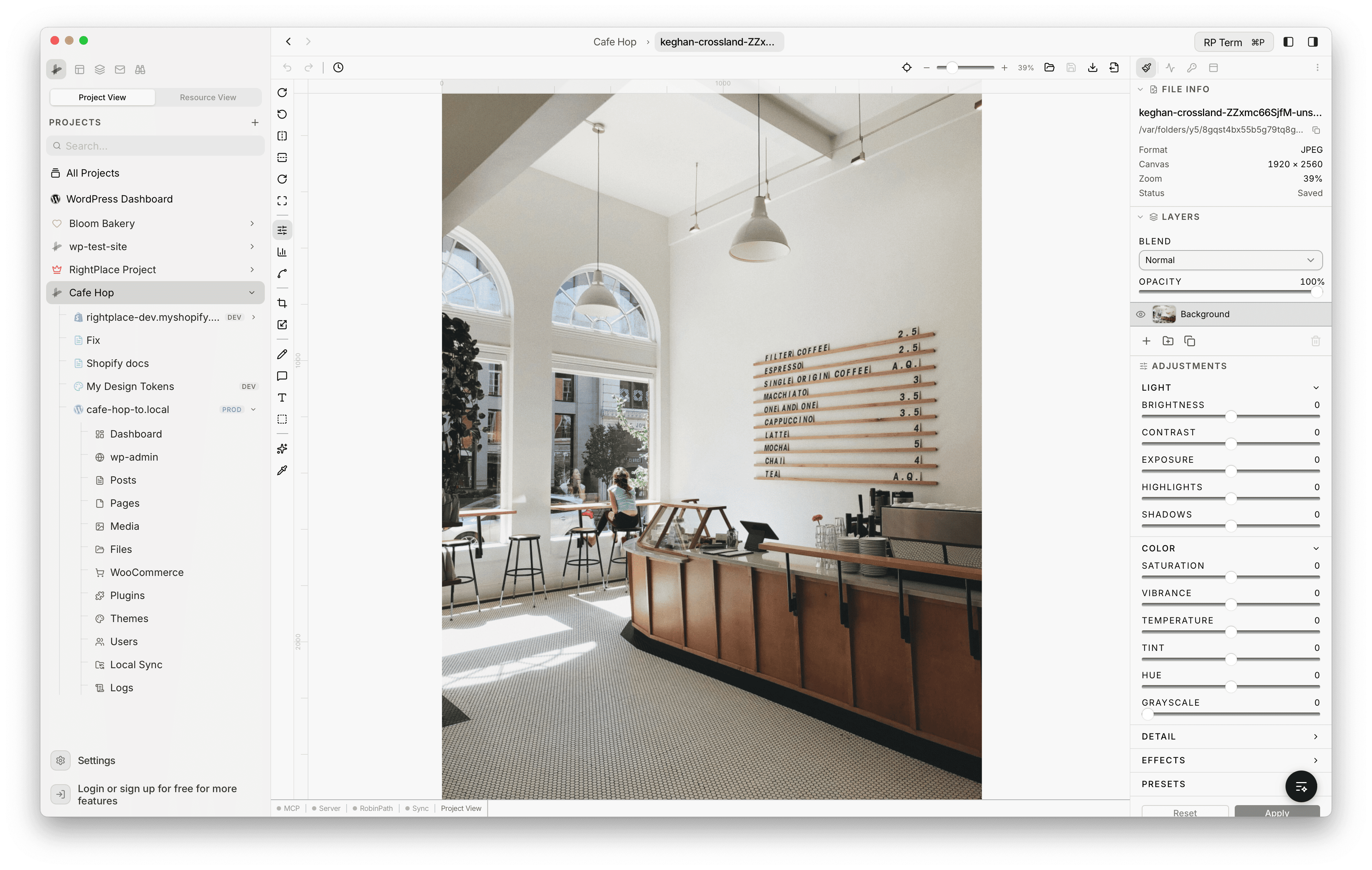 Image Editor showing a cafe photo with the Adjustments panel open on the right, listing Light, Color, Detail, and Effects sections with sliders, and the left toolbar showing all available editing tools