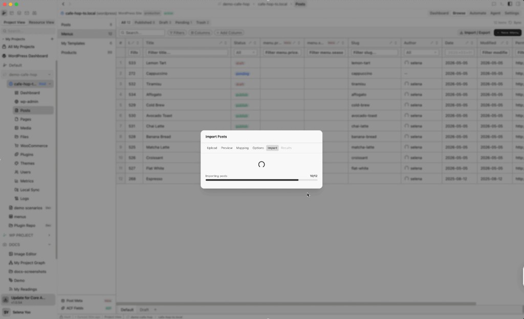 Import Posts wizard on Import step with progress bar