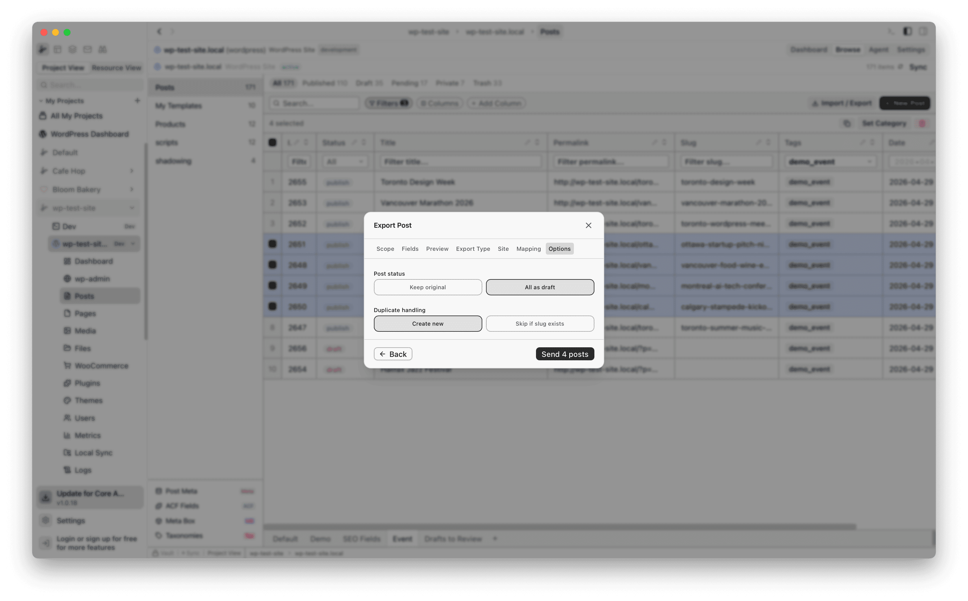 Options tab with Post status and Duplicate handling toggles