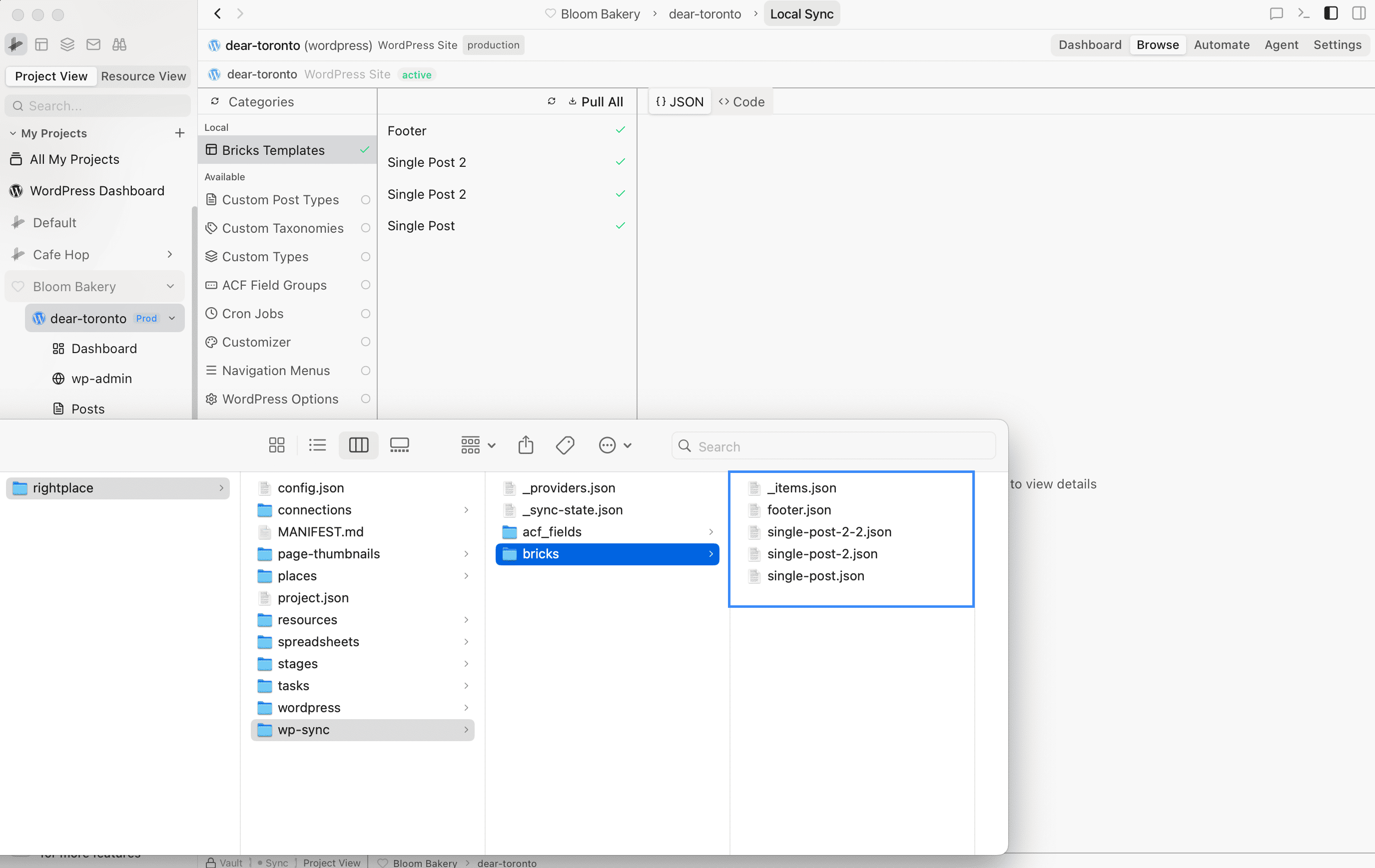 Finder showing pulled Bricks templates as JSON files in the wp-sync/bricks folder