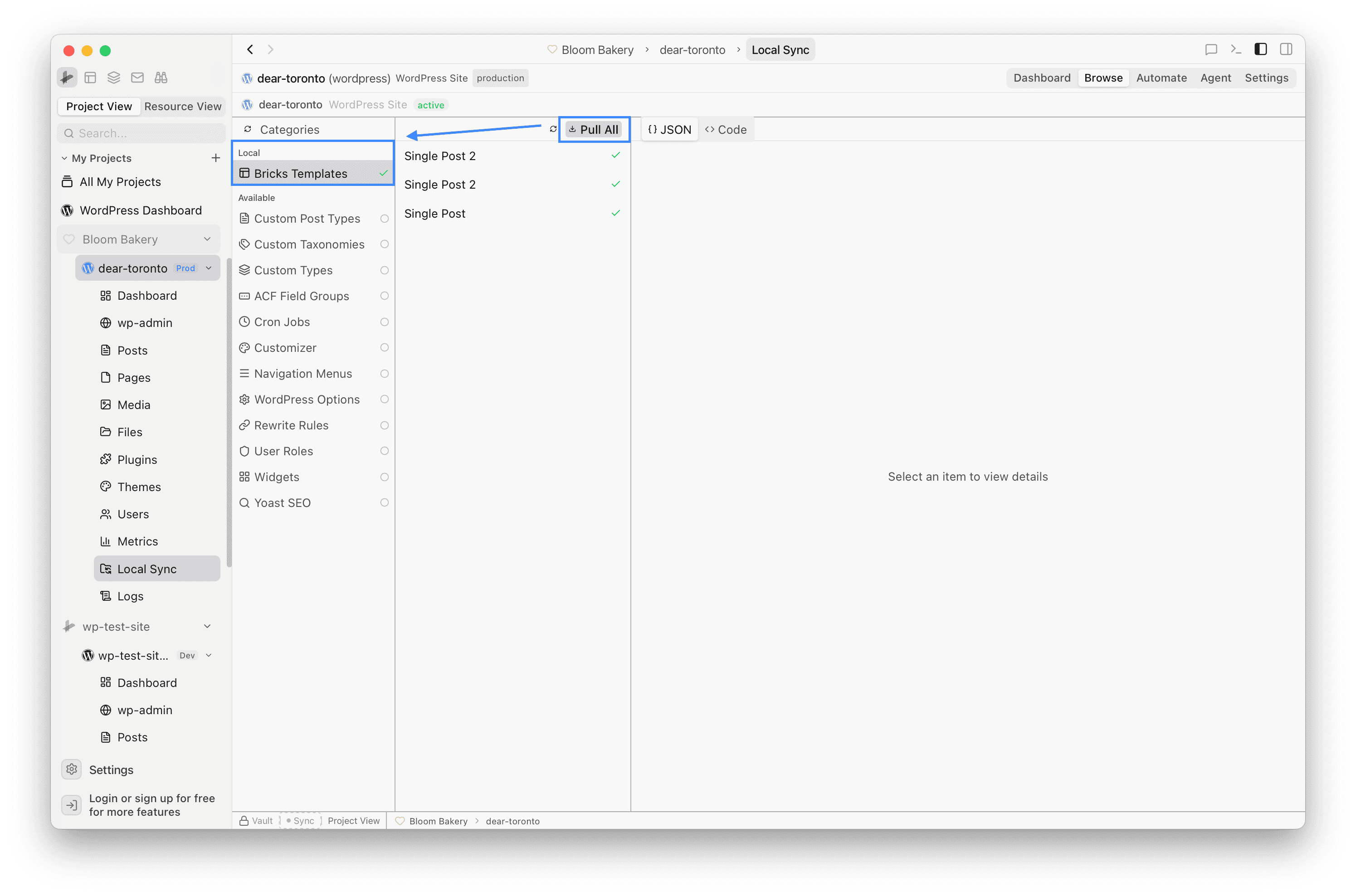 Pull All complete - templates show green checkmarks and Bricks Templates appears under Local