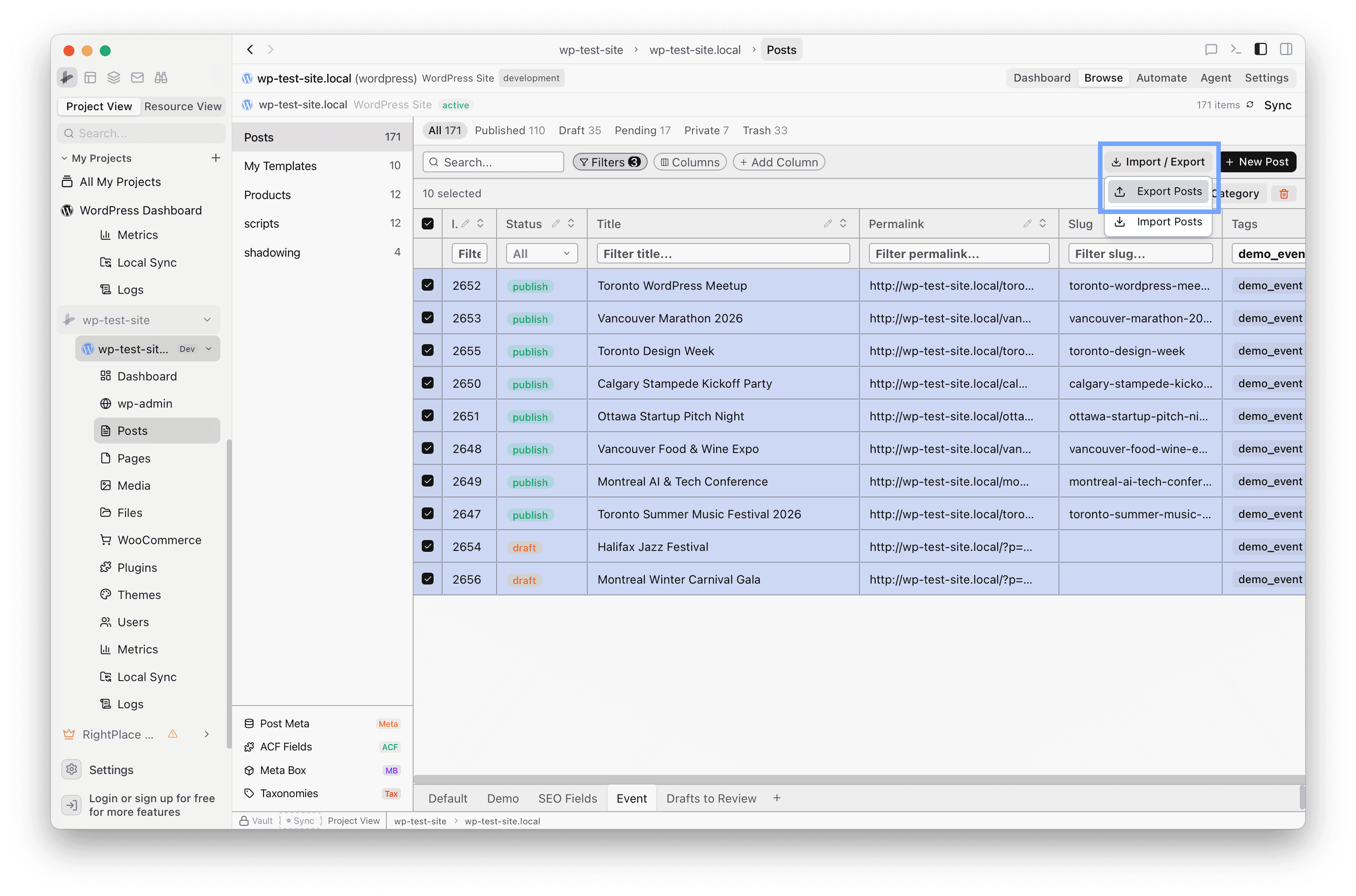 Import / Export dropdown with Export Posts option