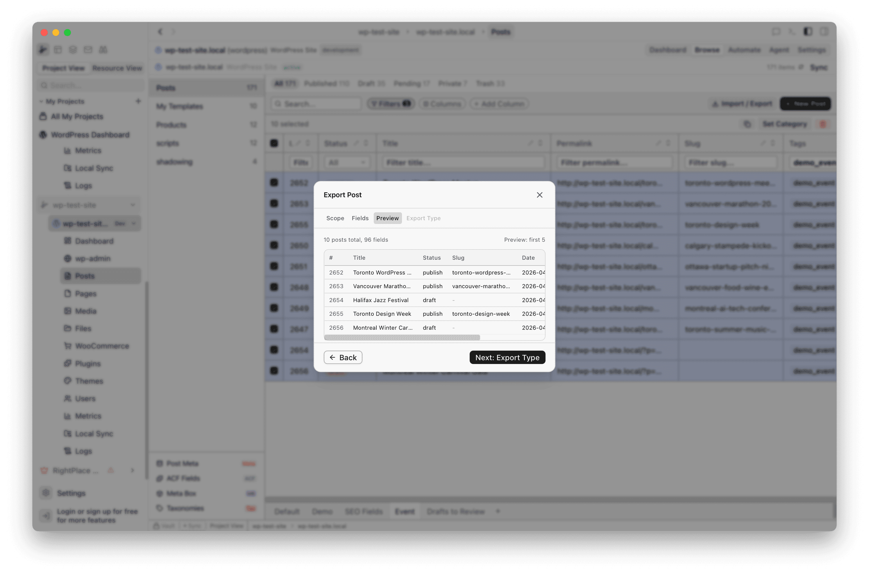 Preview tab showing a table of posts to be exported
