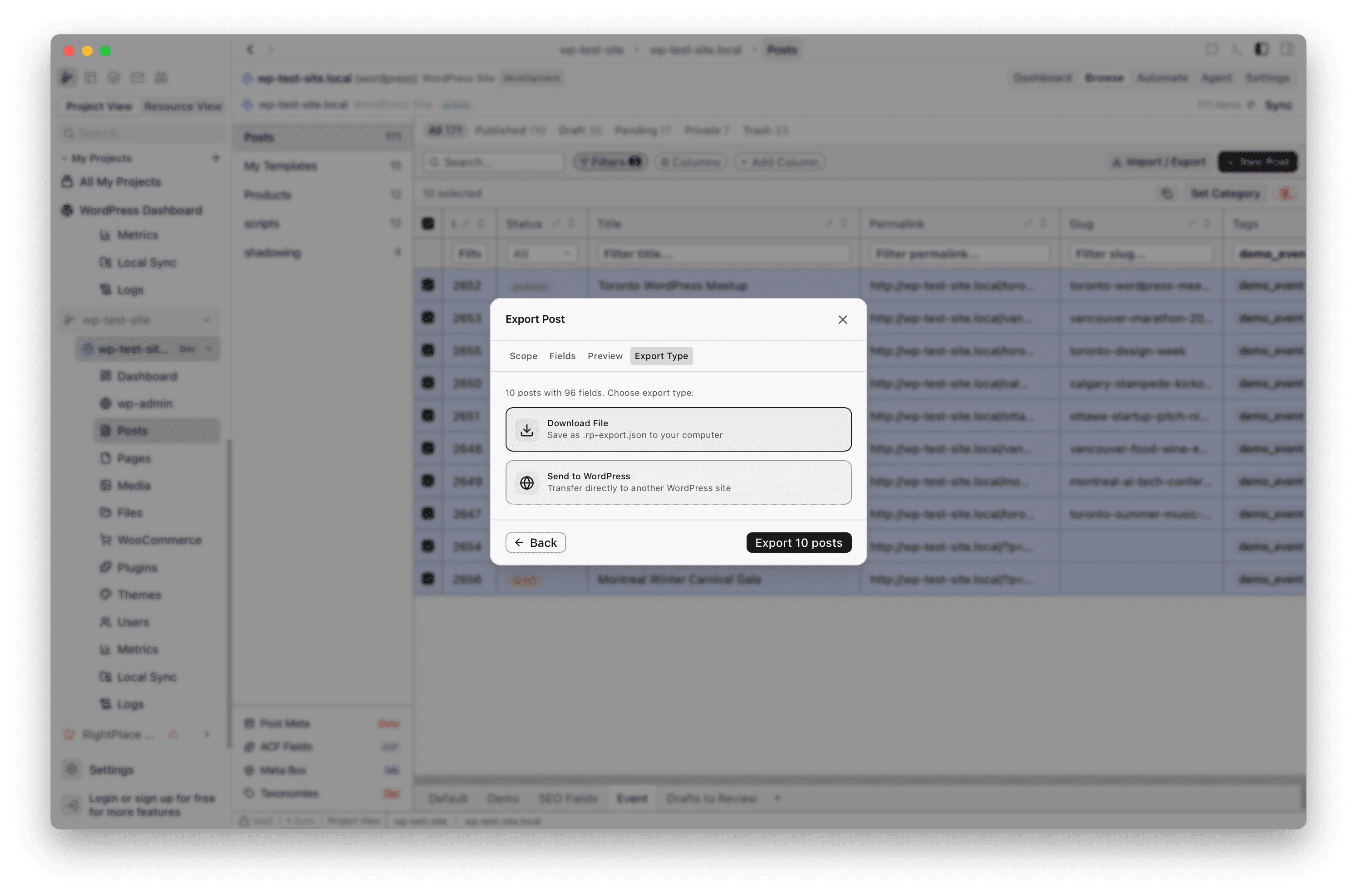 Export Type tab with Download File and Send to WordPress options