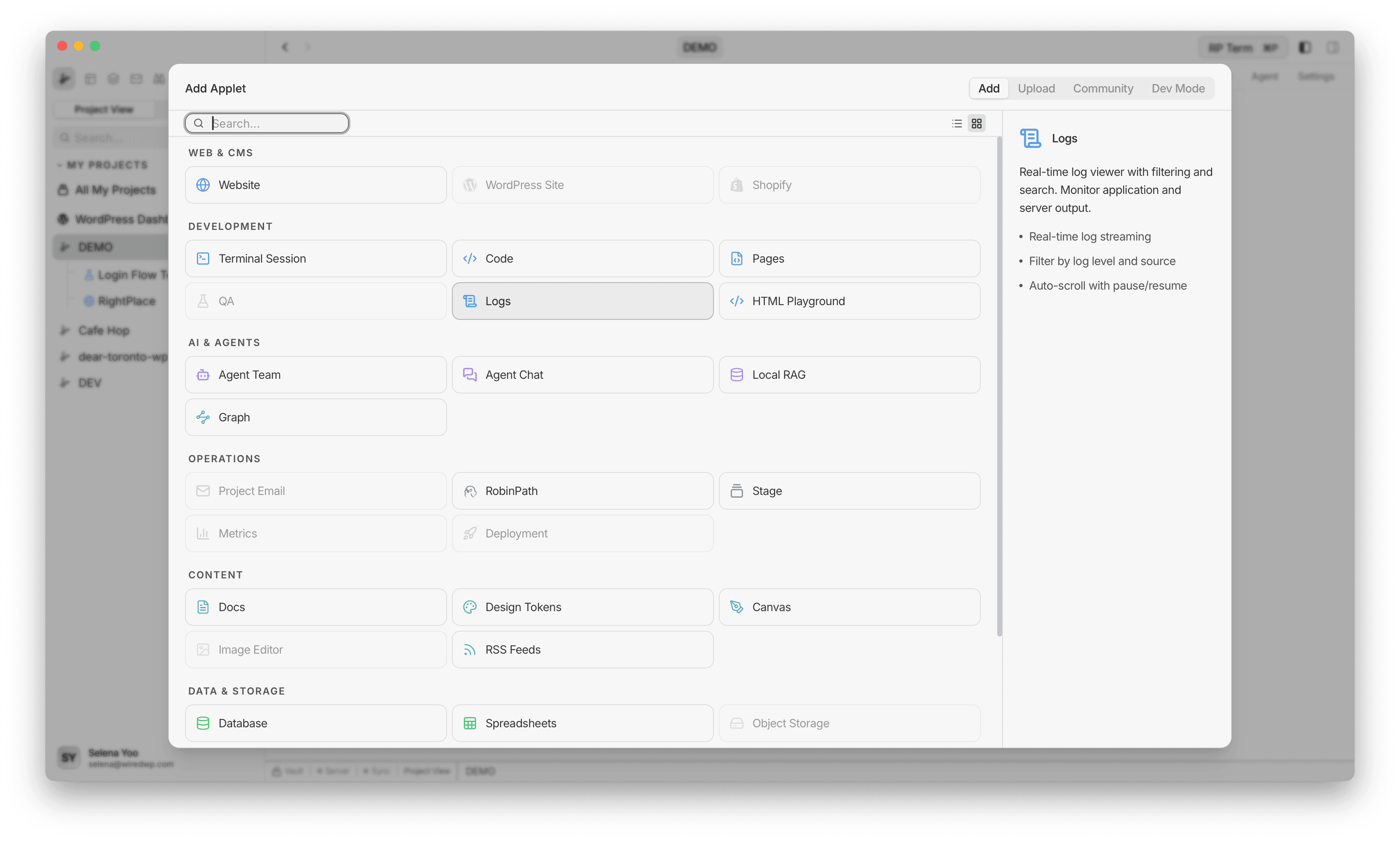 Add Resource dialog showing Logs selected under Development