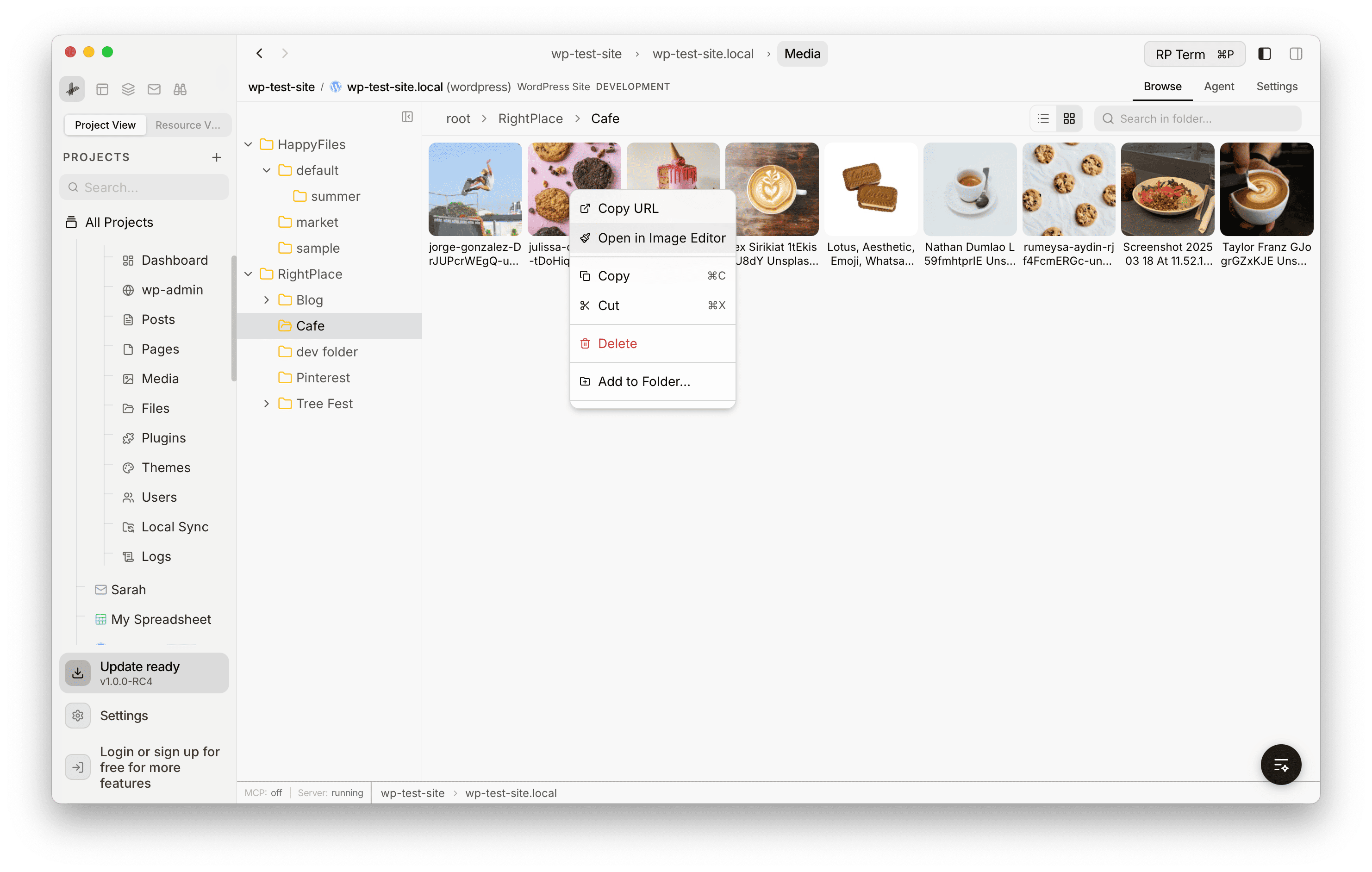 Context menu on a media file showing Copy URL, Open in Image Editor, Copy, Cut, Delete, and Add to Folder options