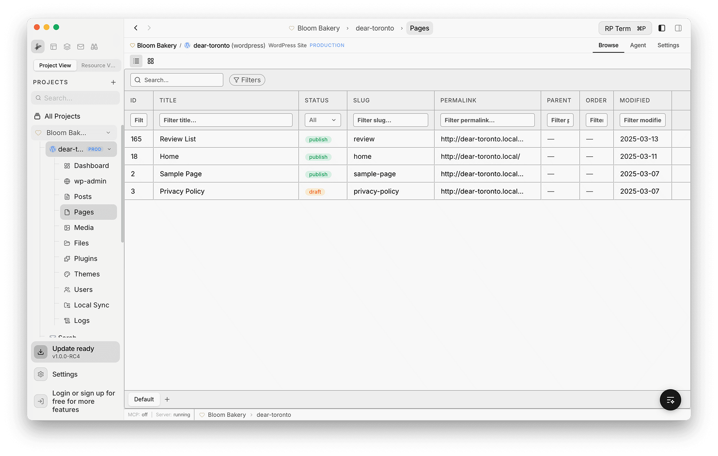 Pages list view showing a data table with ID, Title, Status, Slug, Permalink, Parent, Order, and Modified columns with per-column filters