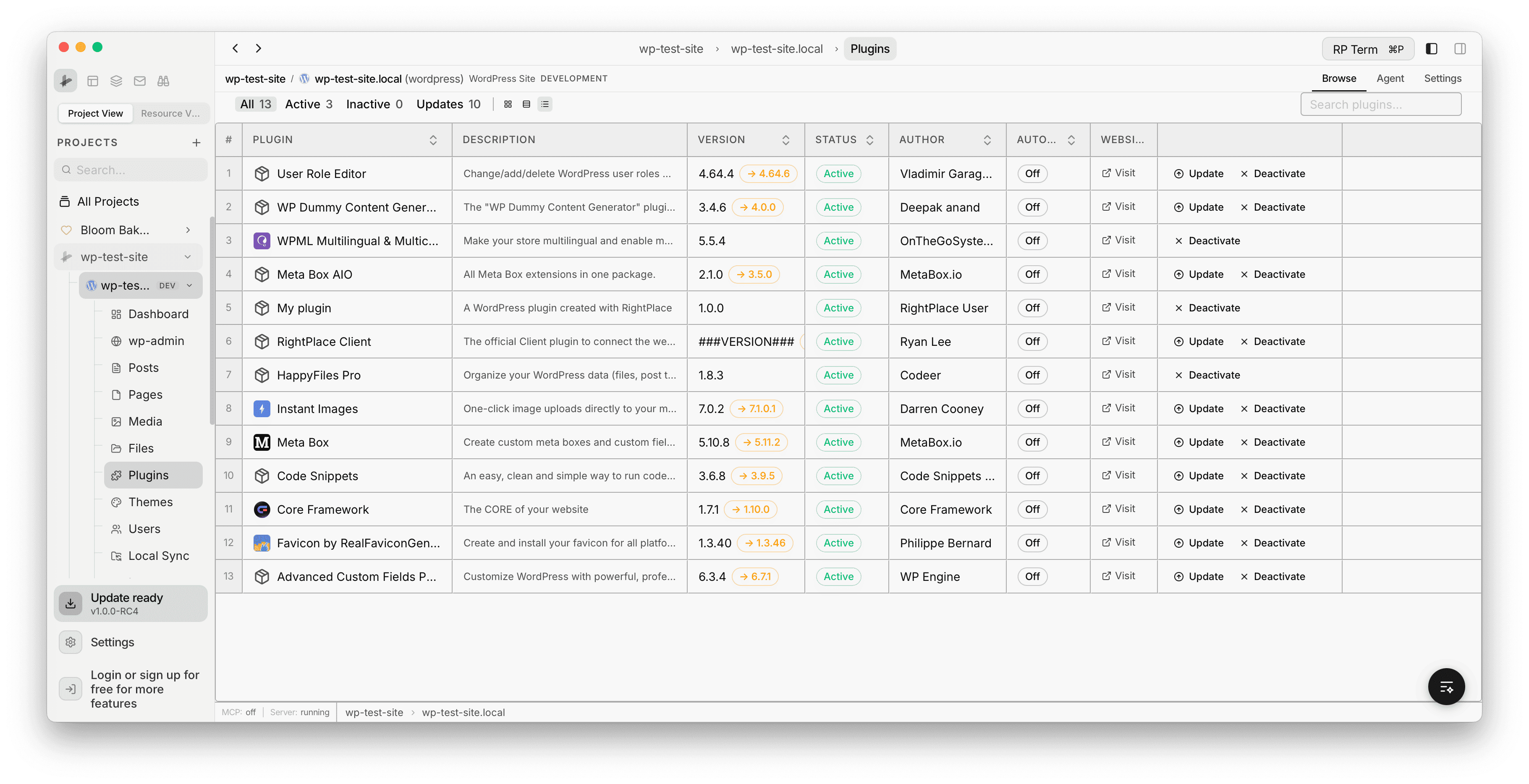 Plugins table view with sortable columns showing version numbers, update targets, status, author, and inline actions
