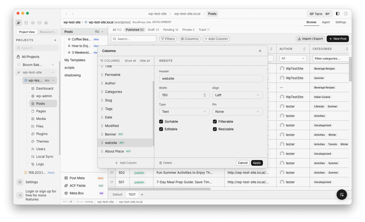 Column manager dialog showing column list, settings for header, width, type, and toggles