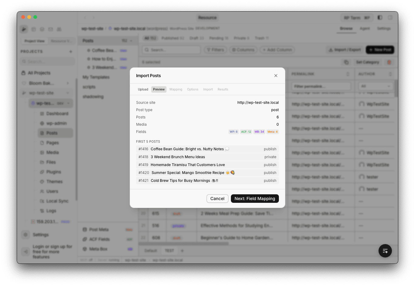Import preview showing source site, post count, field breakdown, and sample posts