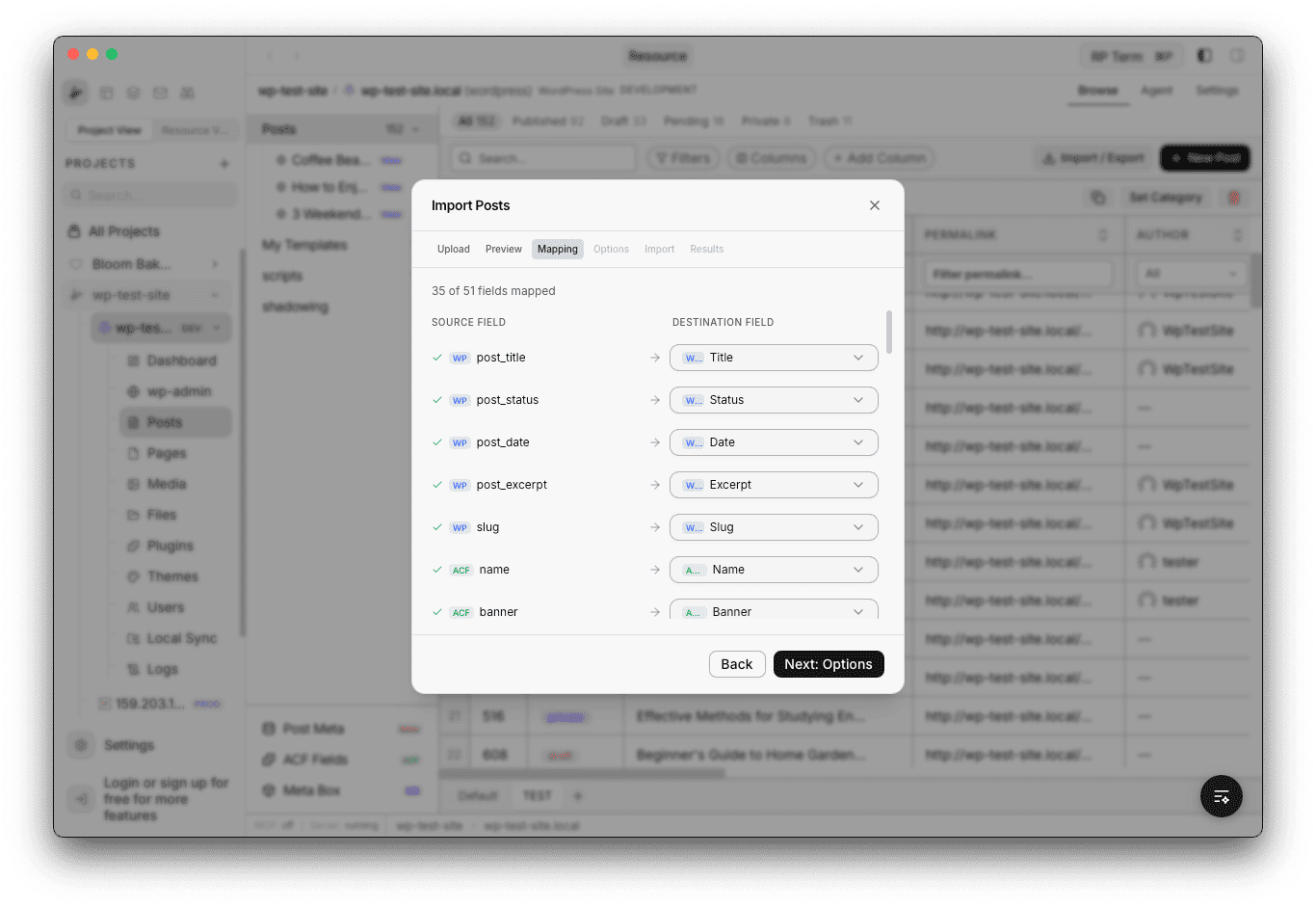 Field mapping step showing source fields mapped to destination fields