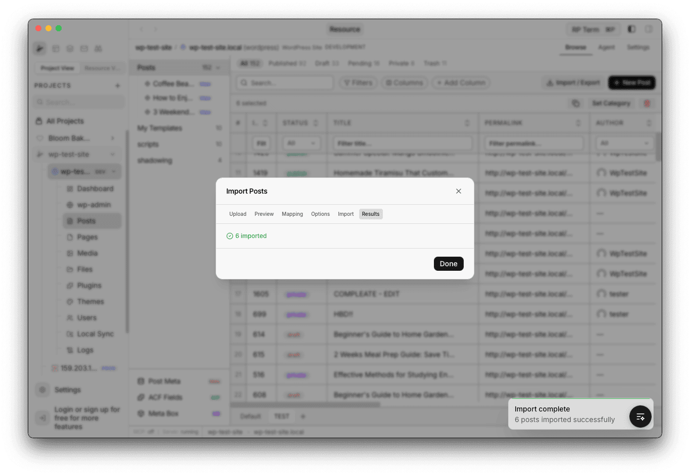 Import results showing 6 posts imported successfully