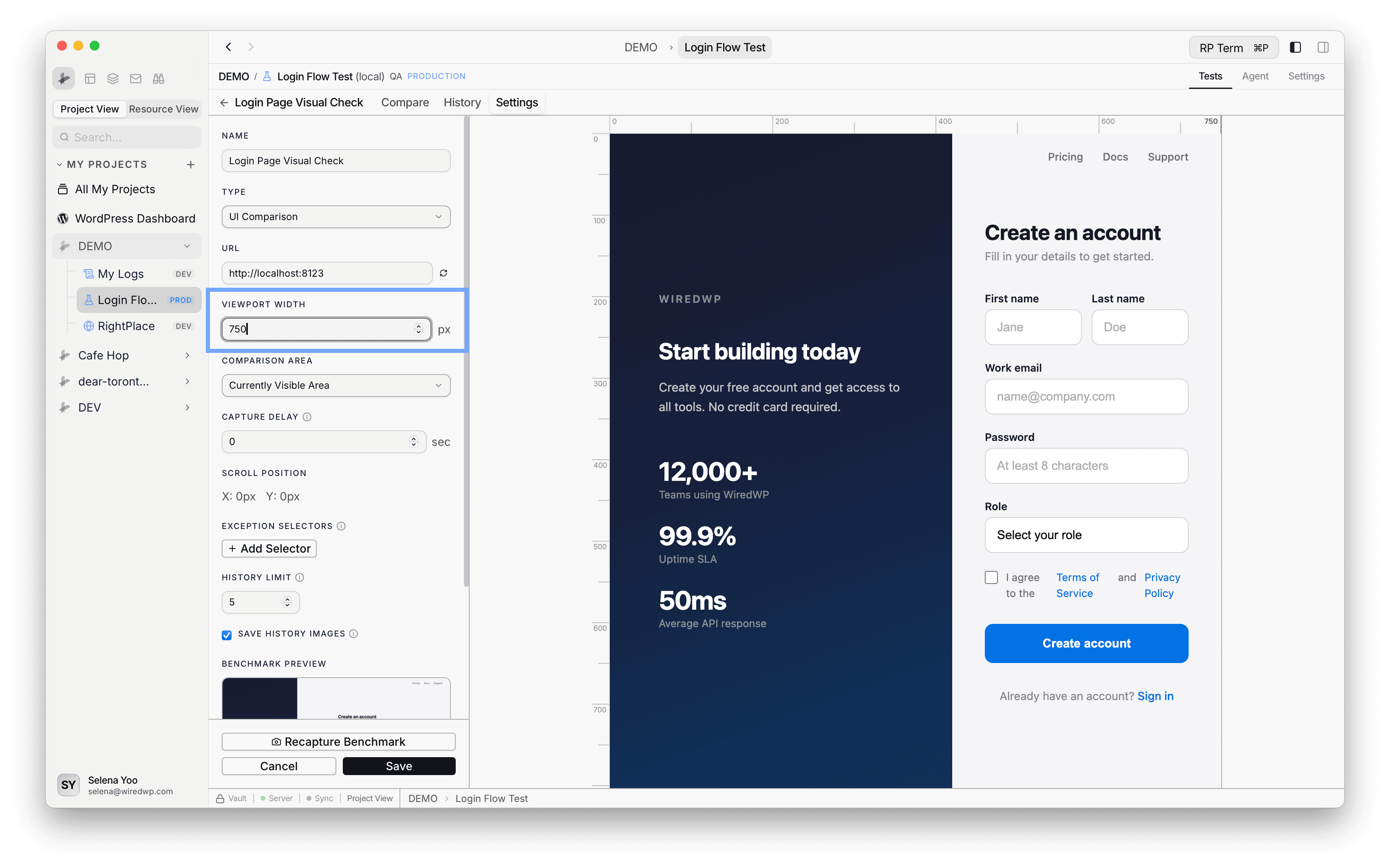 QA Settings tab showing Name, Type, URL, viewport controls, and browser preview panel