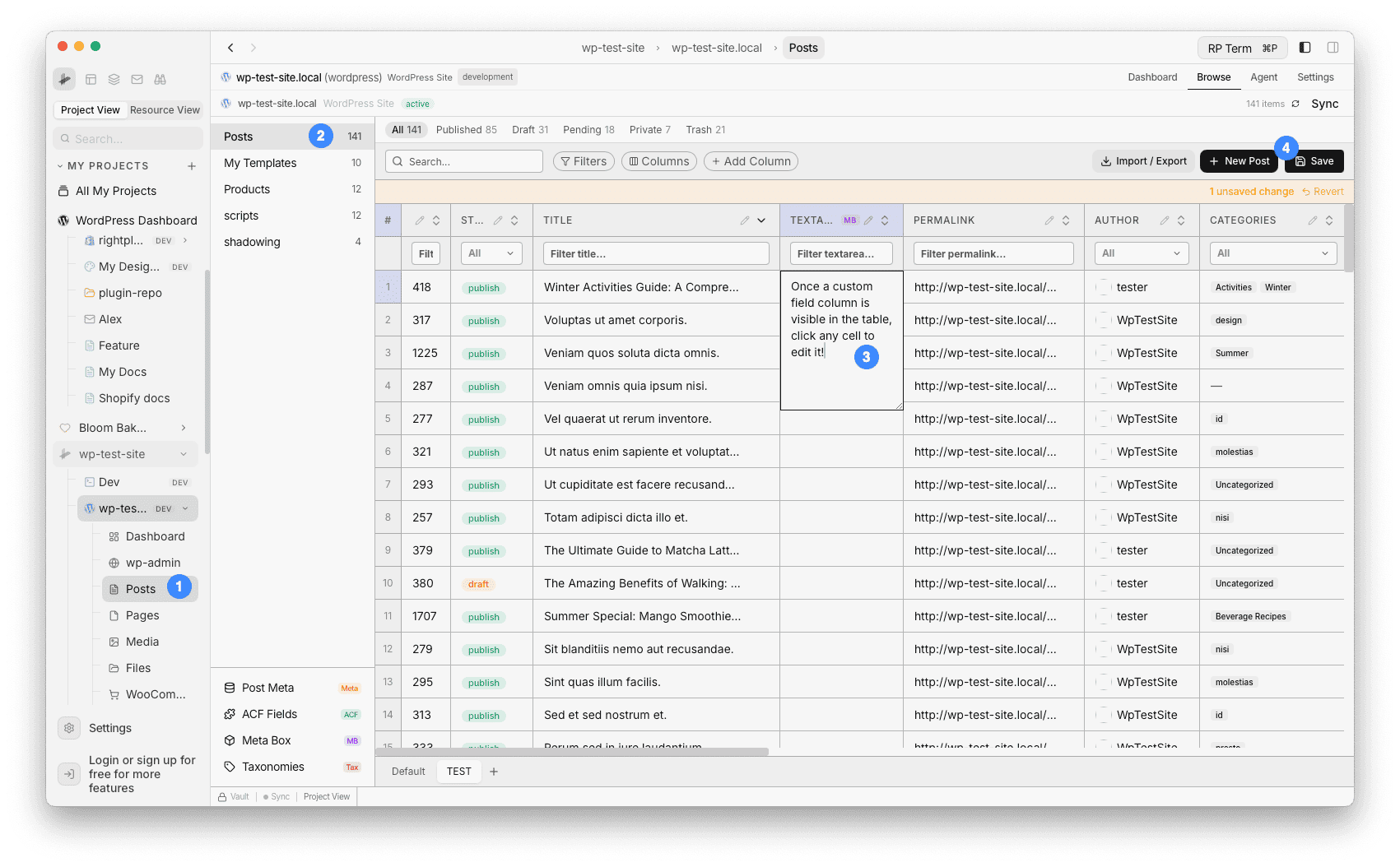 Custom field column added to the Posts table with inline editing
