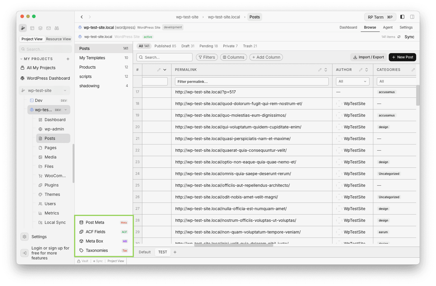 Posts tab left sidebar showing Post Meta, ACF Fields, Meta Box, and Taxonomies buttons with colored badges