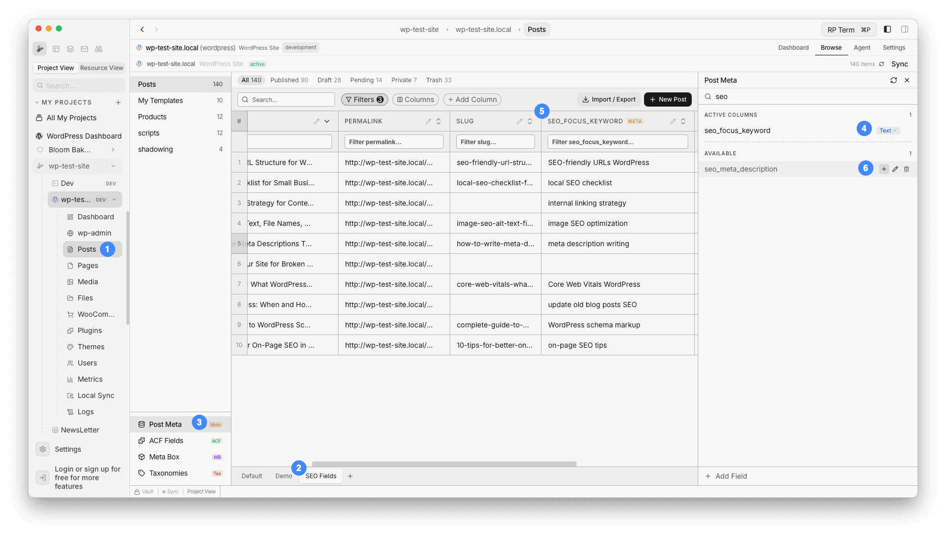 View tabs showing Default and SEO Fields views with + button to create new views