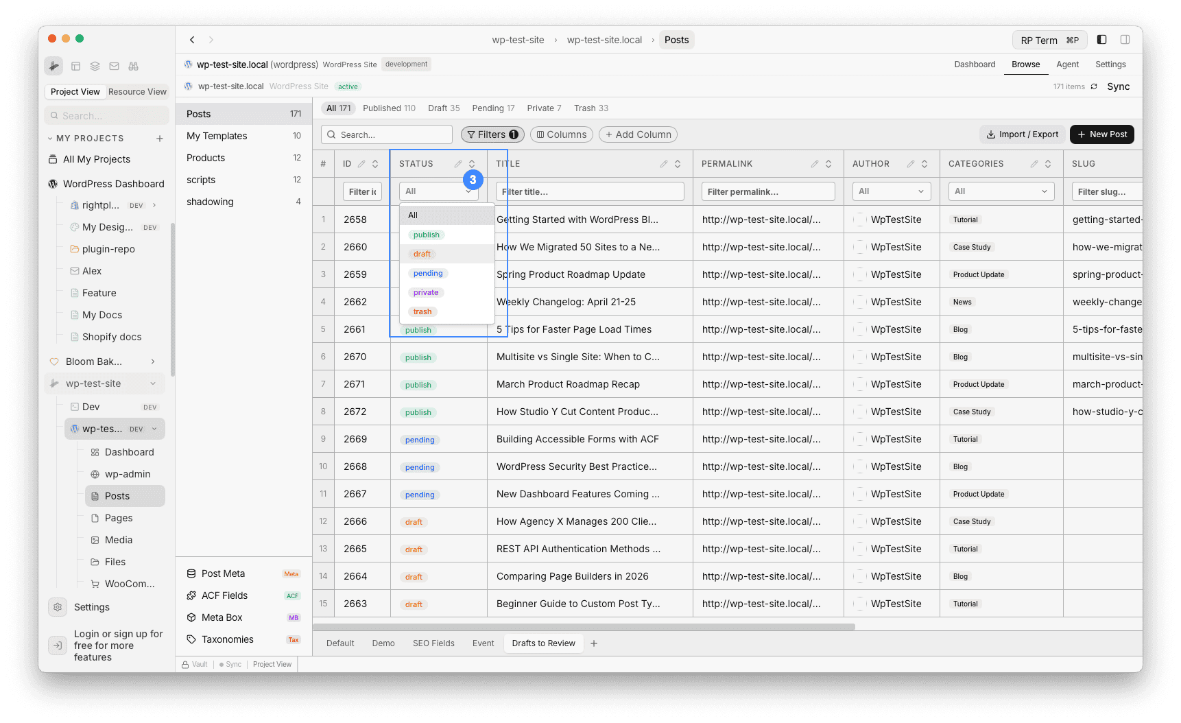 Status filter dropdown showing All, publish, draft, pending, private, trash options