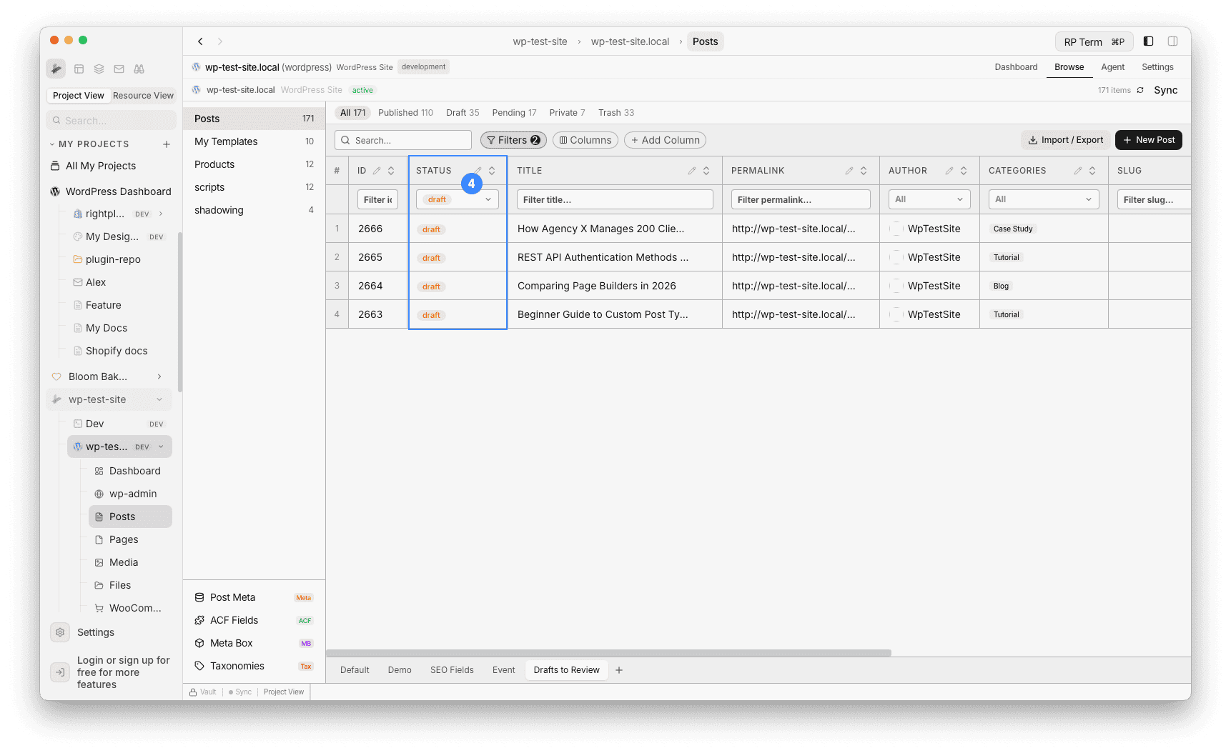 Posts table filtered to show only 4 draft posts in the Drafts to Review view