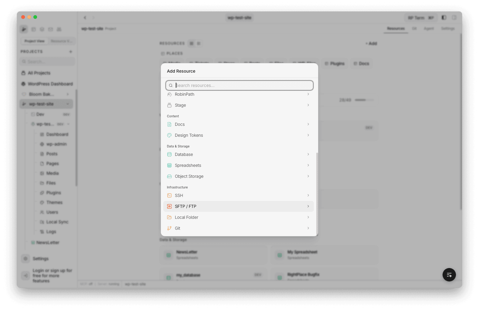 Add Applet dialog showing applet categories including Content, Data & Storage, and Infrastructure with SFTP / FTP highlighted