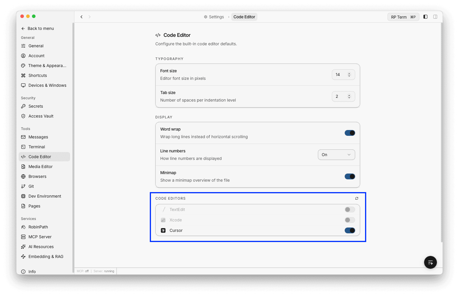 Code Editor settings page showing Typography, Display, and Code Editors sections with Cursor toggled on as the default editor