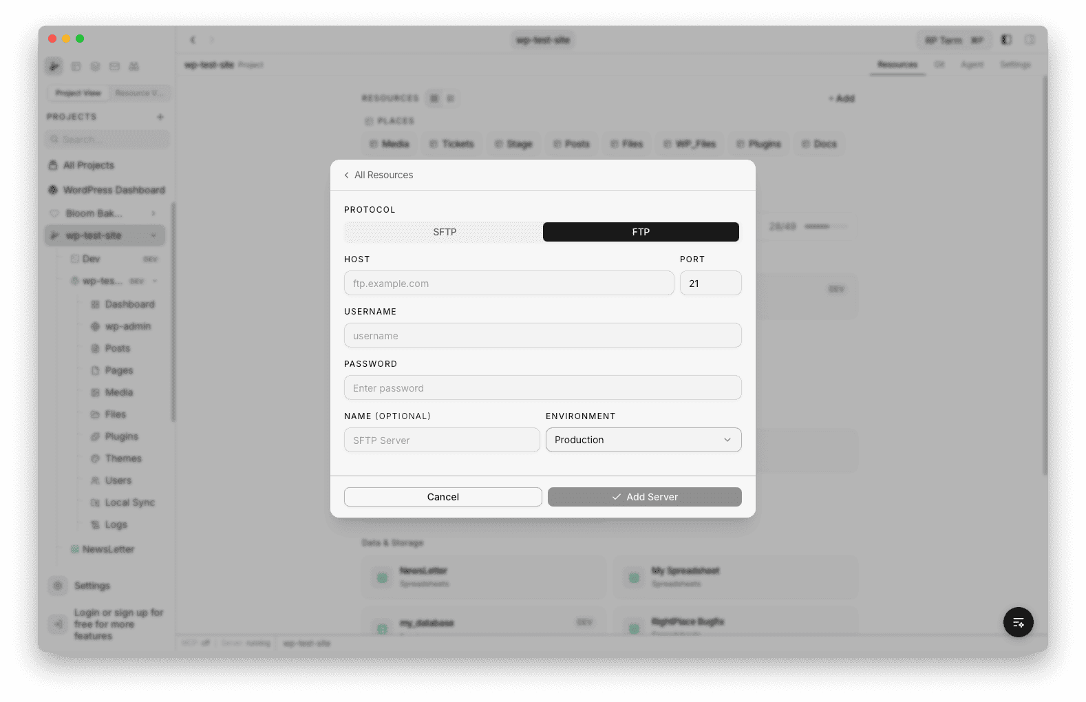 FTP creation form with FTP tab selected, showing Host, Port set to 21, Username, Password, Name, and Environment