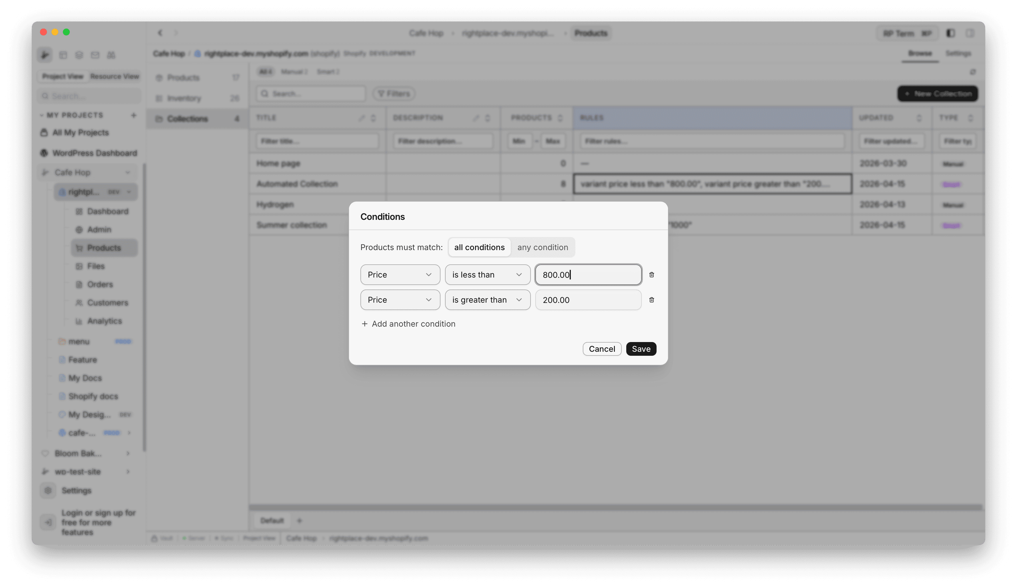 Conditions modal with Price less than and greater than rows