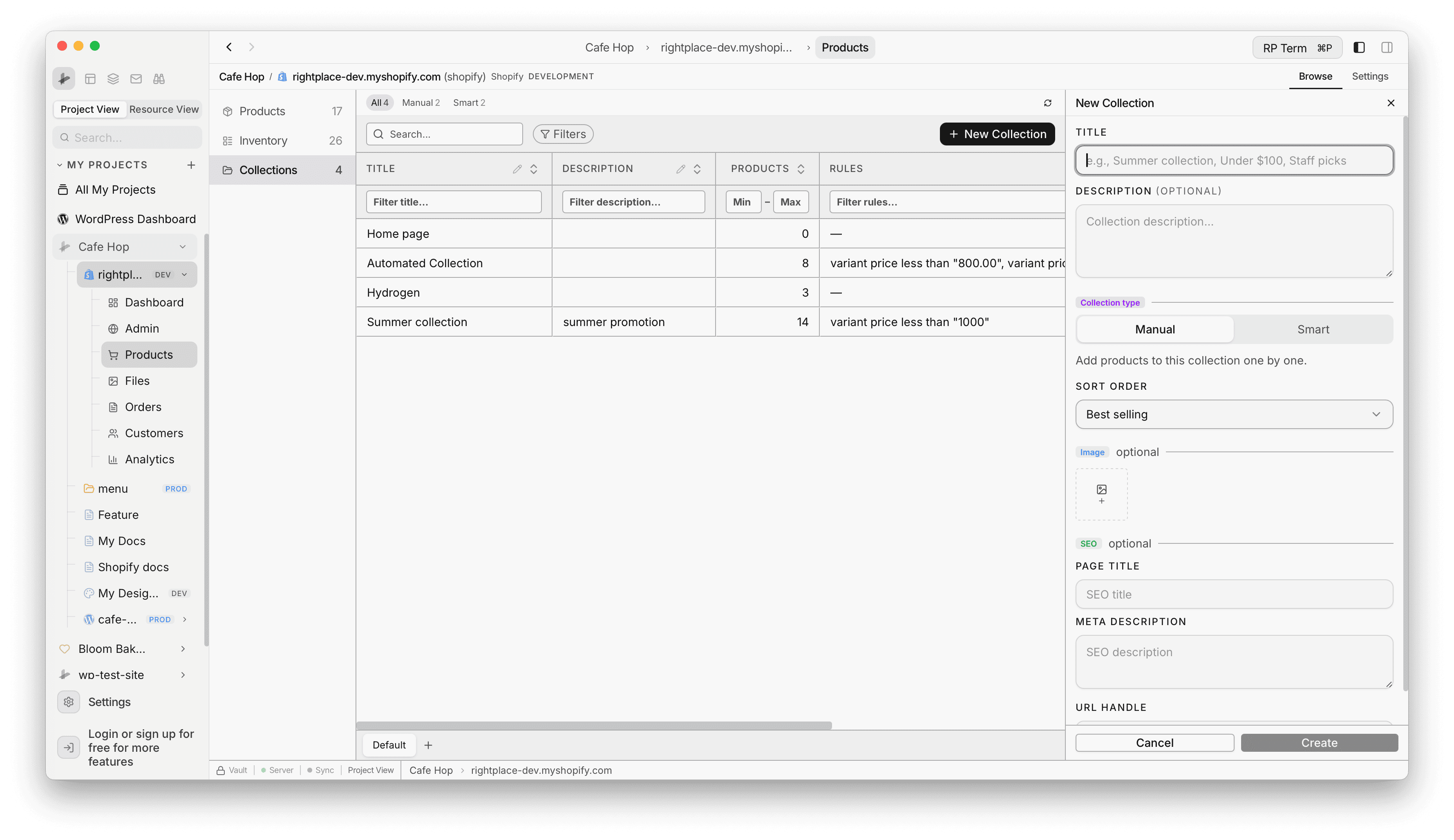 New Collection panel with Manual type, sort order, image, and SEO