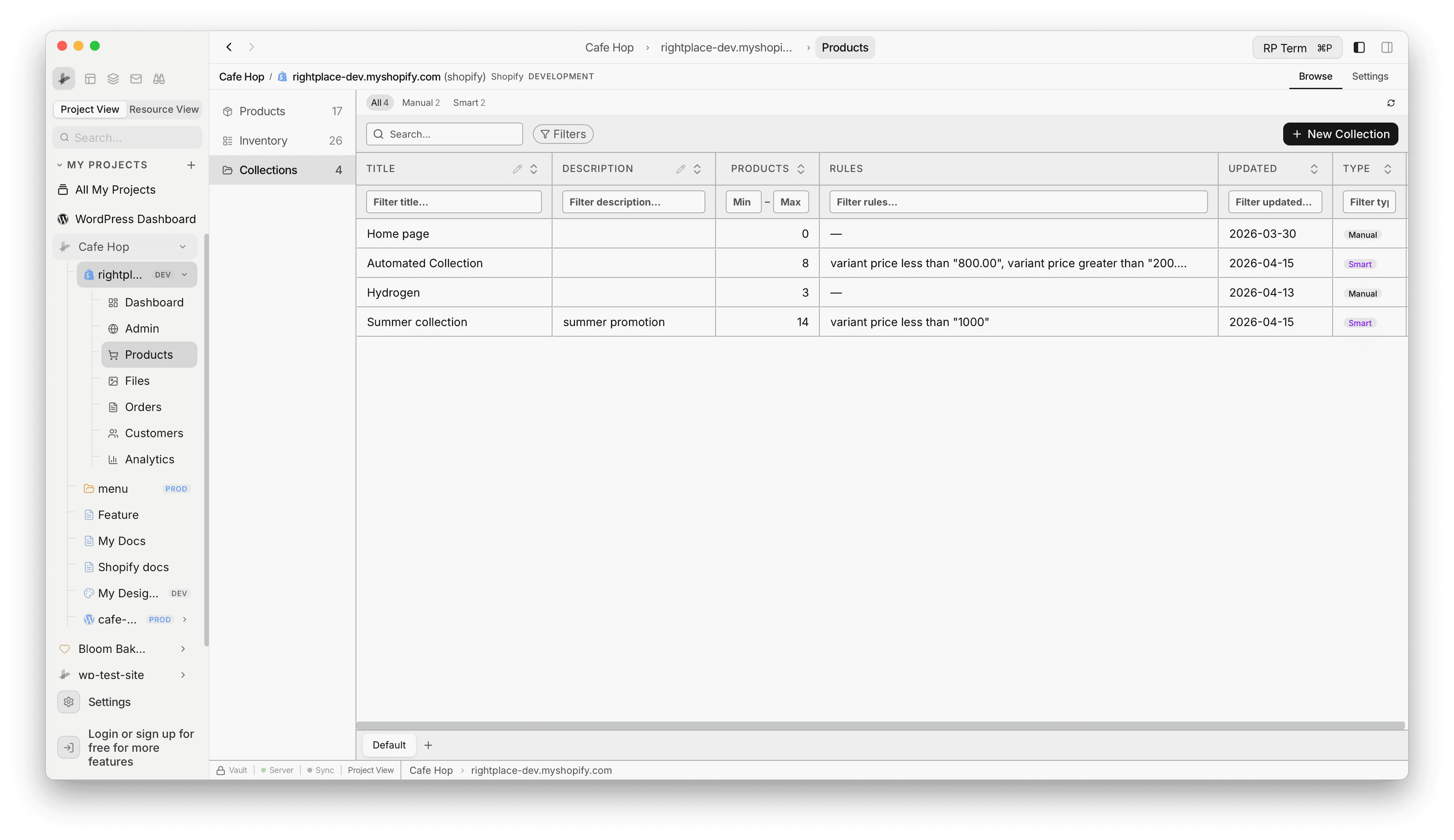 Collections grid with All Manual Smart pills, search, Filters, and New Collection