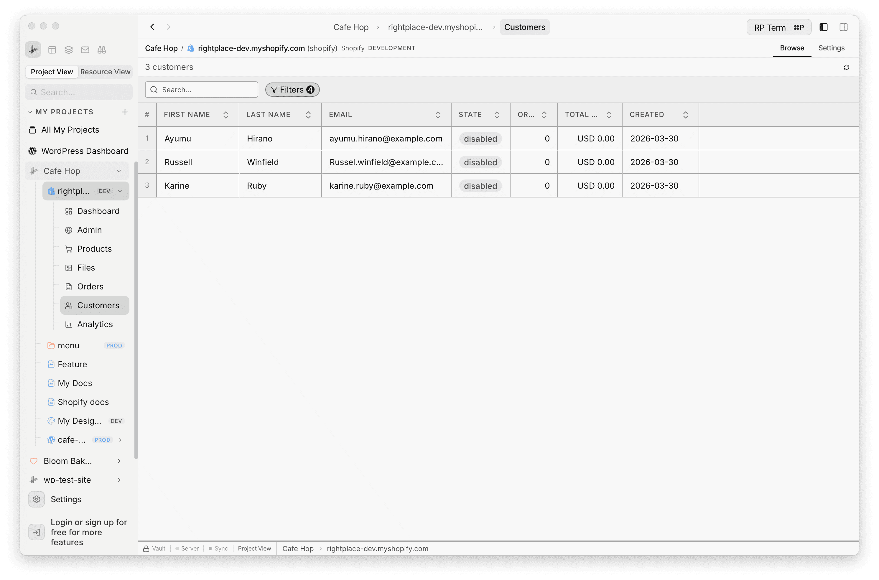 Shopify Customers SmartTable with search, Filters, and columns for name, email, state, orders, and total spent
