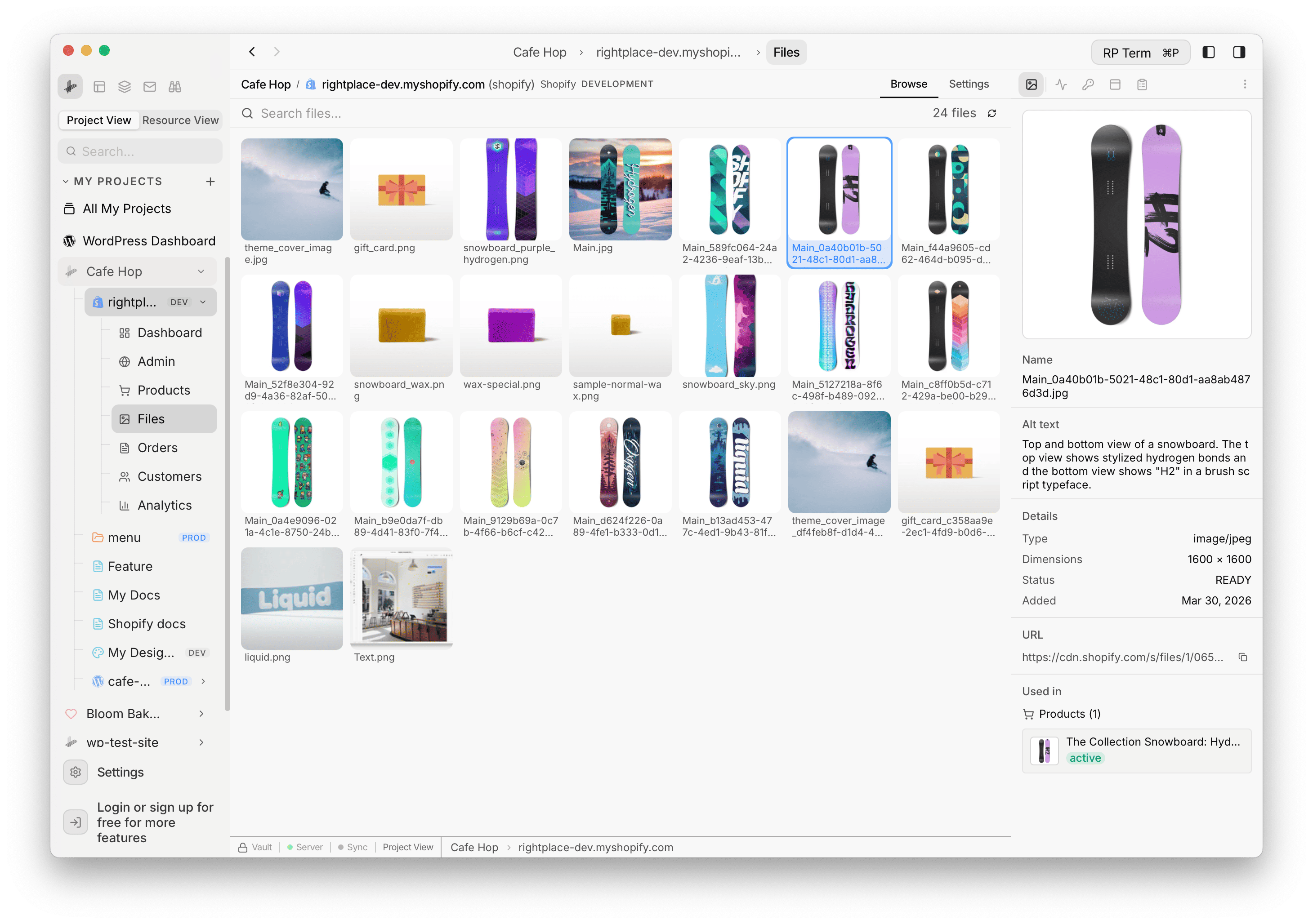 Shopify Files grid with thumbnails and the file detail widget with preview, metadata, URL, and linked products