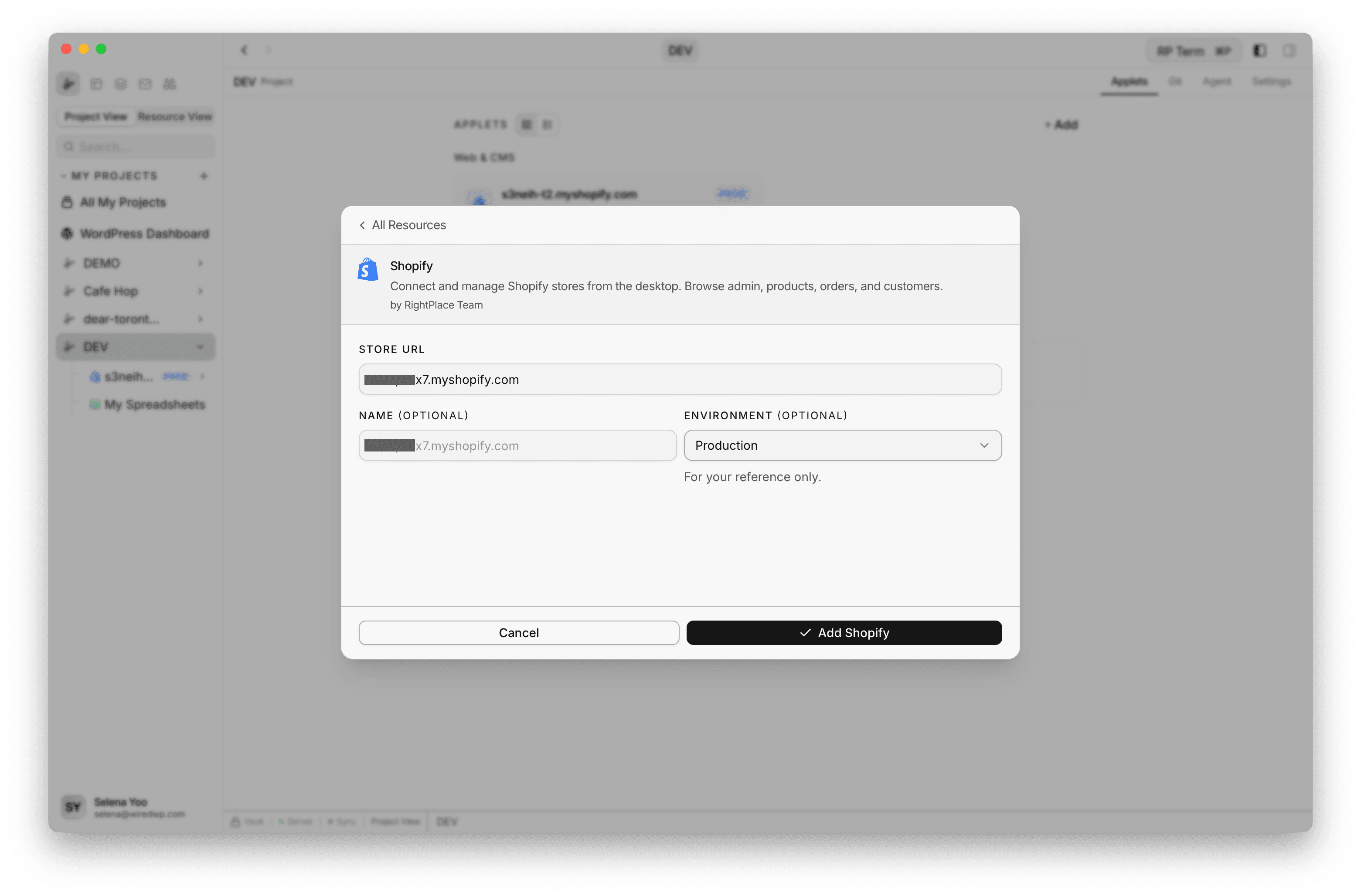 Shopify add form with Store URL, Name, Environment, and Add Shopify