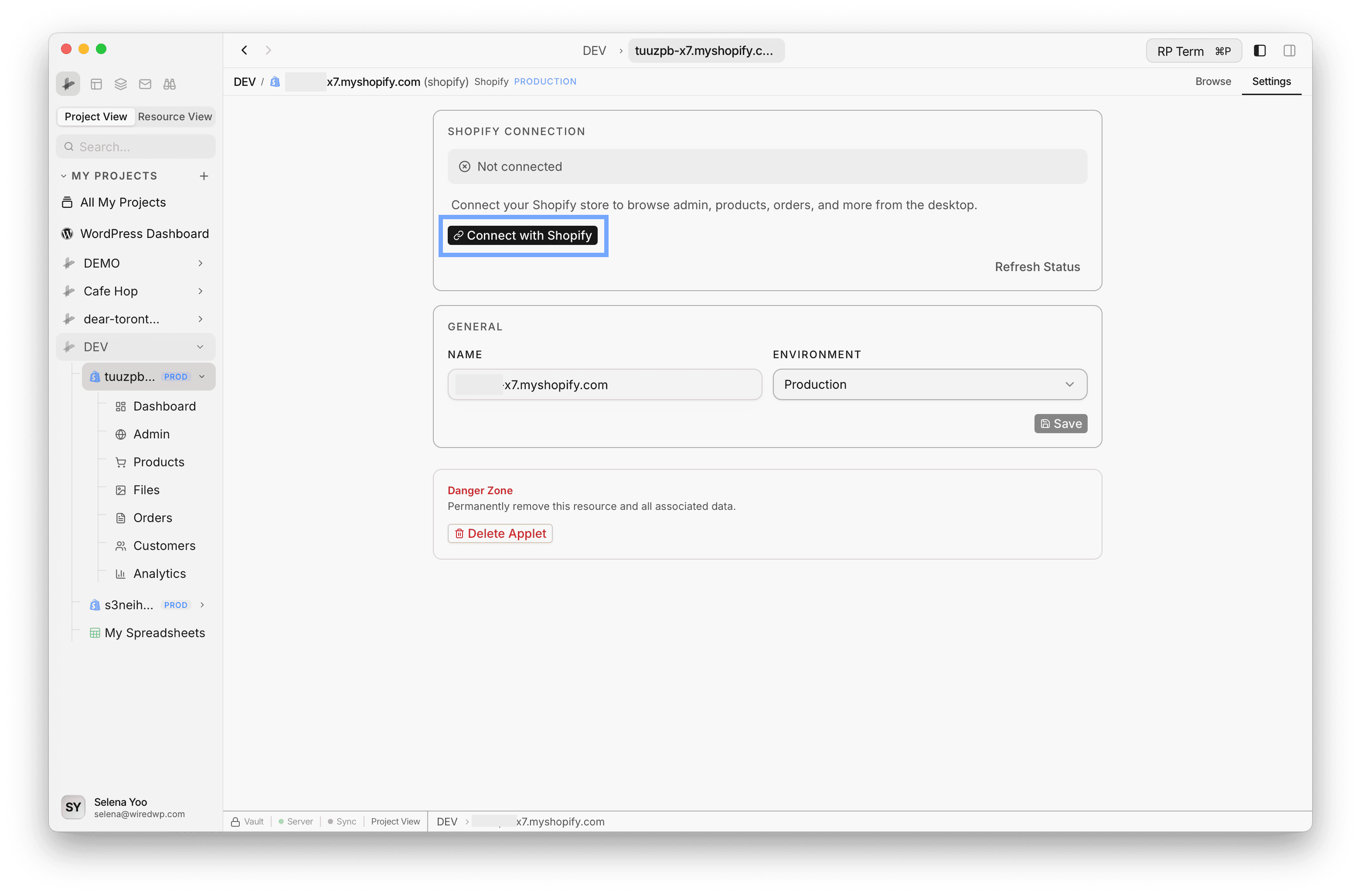 Settings tab with Not connected and Connect with Shopify